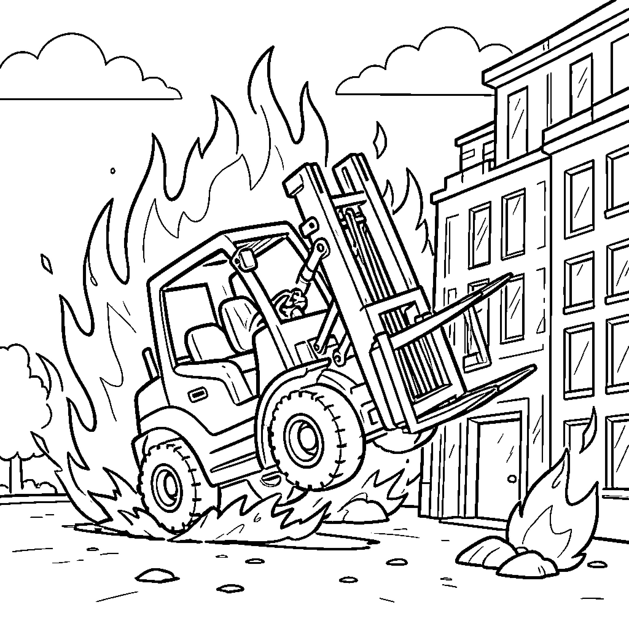 Forklift driving through intense flames near a building Coloring Page (free black-and-white line drawing printable PDF for all, from beginners to advanced learners, including children, teens, adults, and seniors)