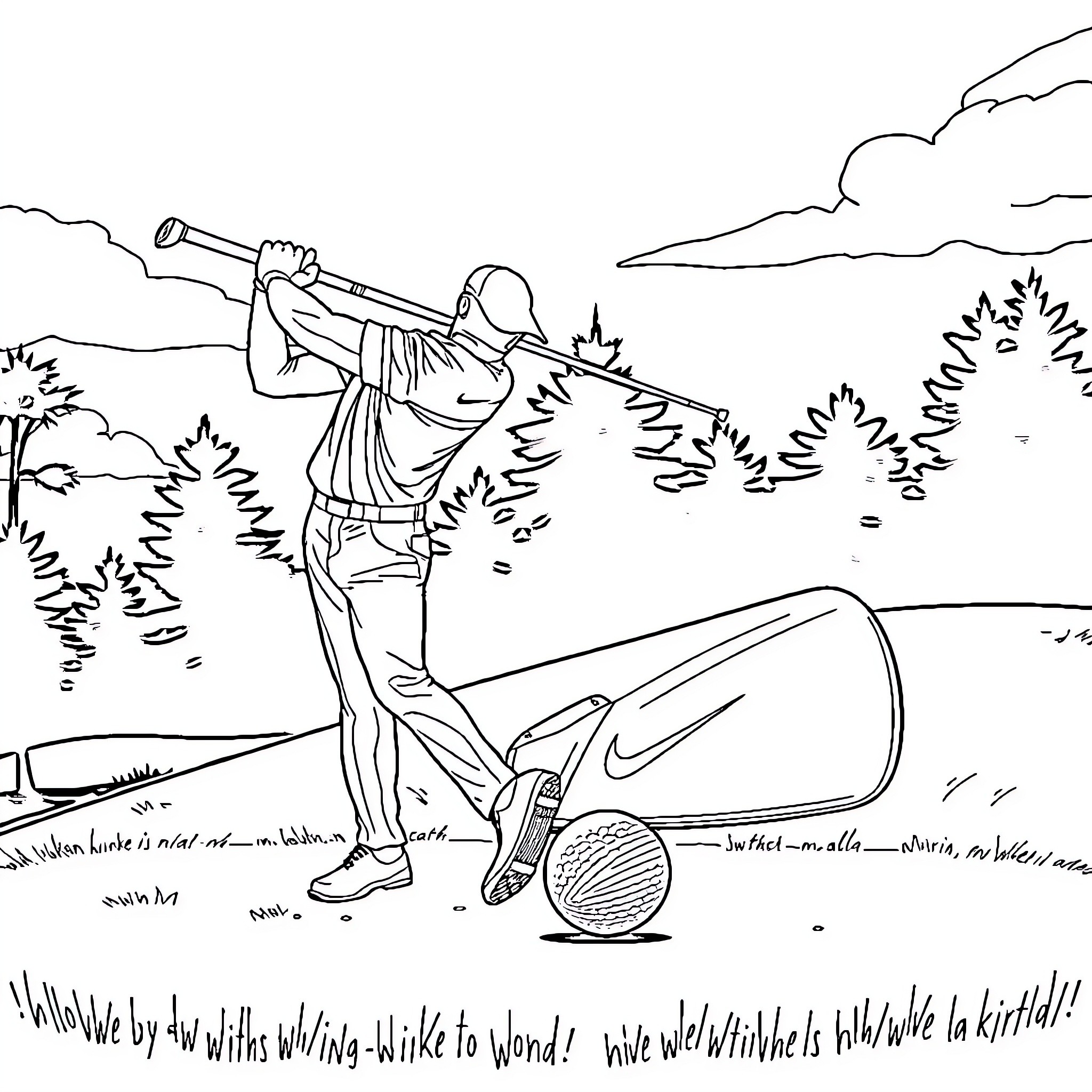 Nike Golfer Taking Swing on Course Coloring Page (free black-and-white line drawing printable PDF for all, from beginners to advanced learners, including children, teens, adults, and seniors)