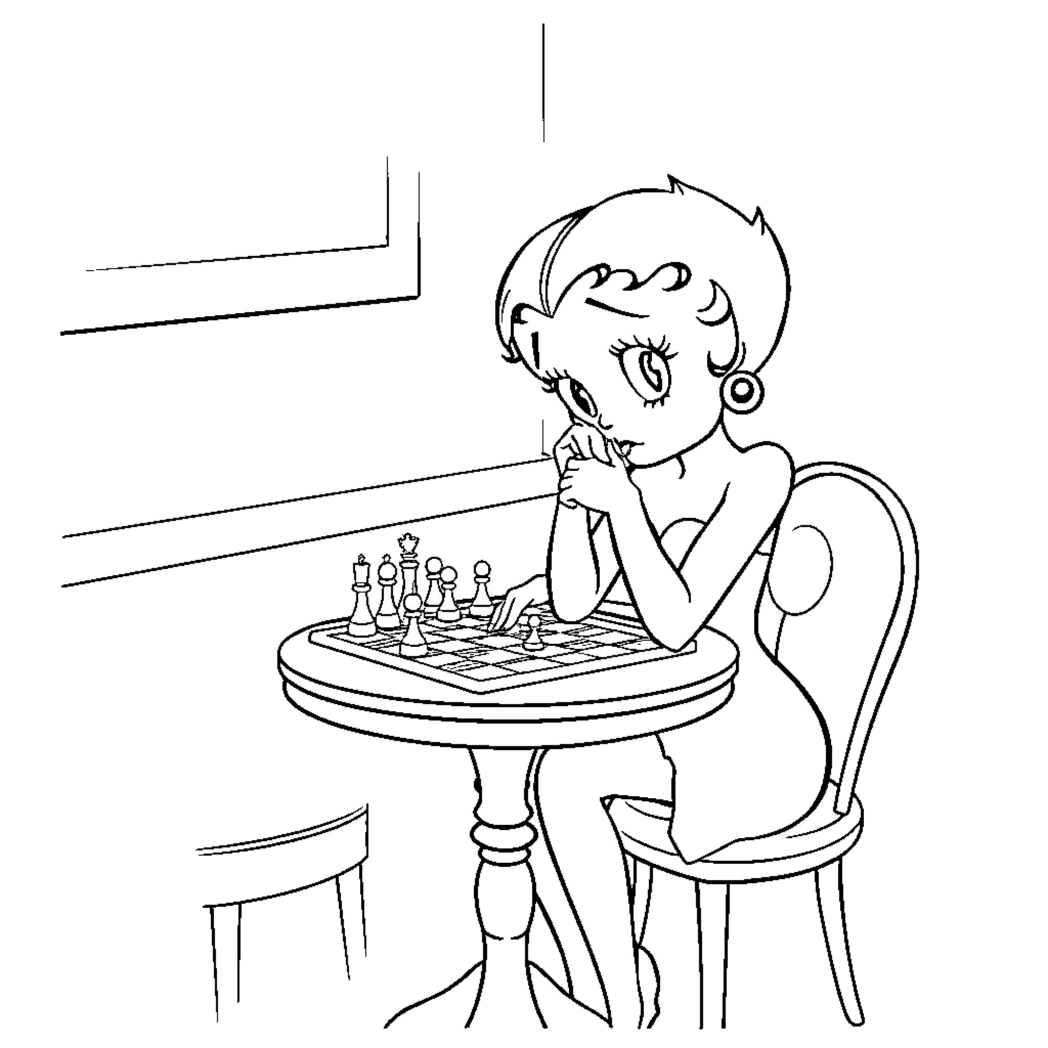 Betty Boop playing chess contemplatively Coloring Page (free black-and-white line drawing printable PDF for all, from beginners to advanced learners, including children, teens, adults, and seniors)