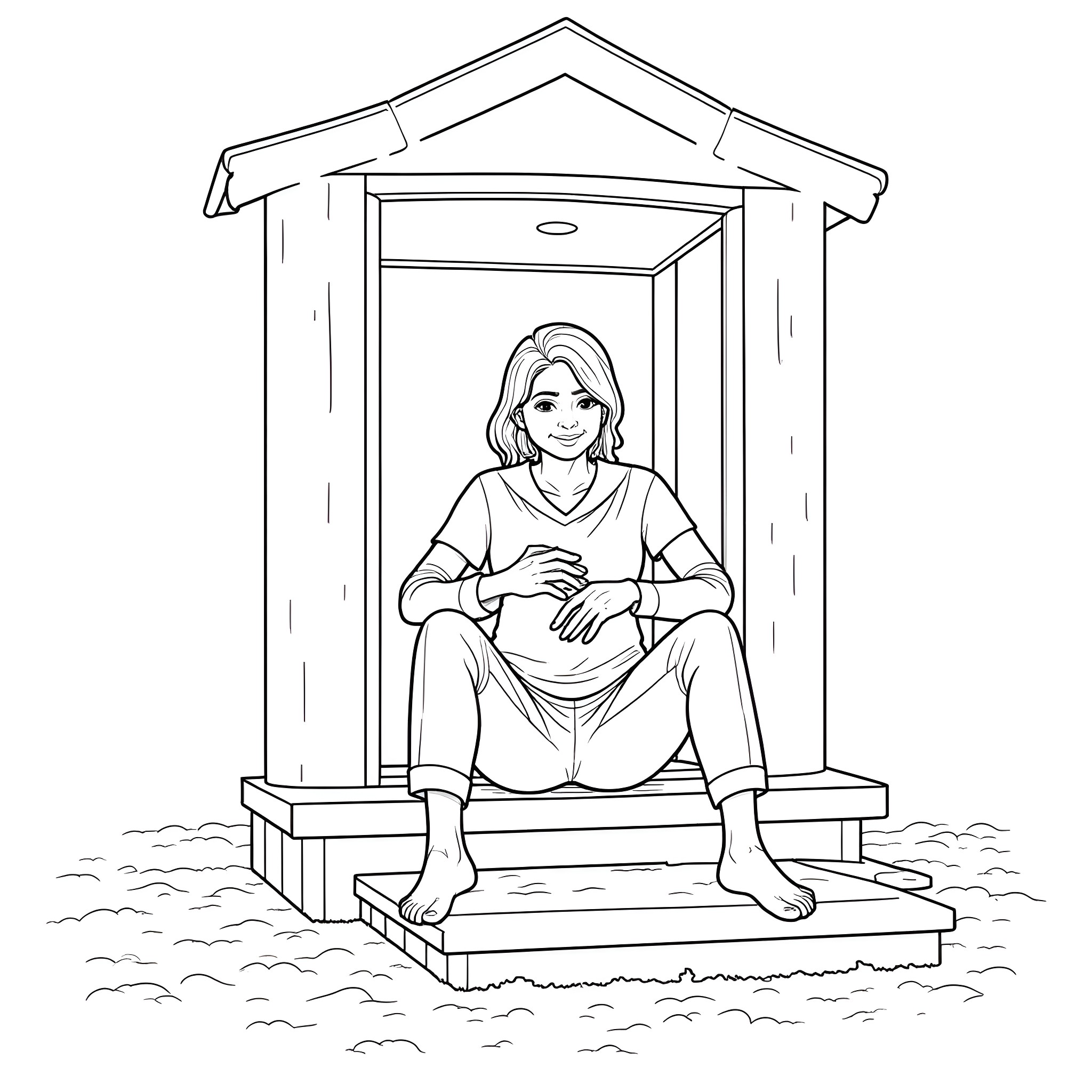 Mom relaxing on a porch swing Coloring Page (free black-and-white line drawing printable PDF for all, from beginners to advanced learners, including children, teens, adults, and seniors)