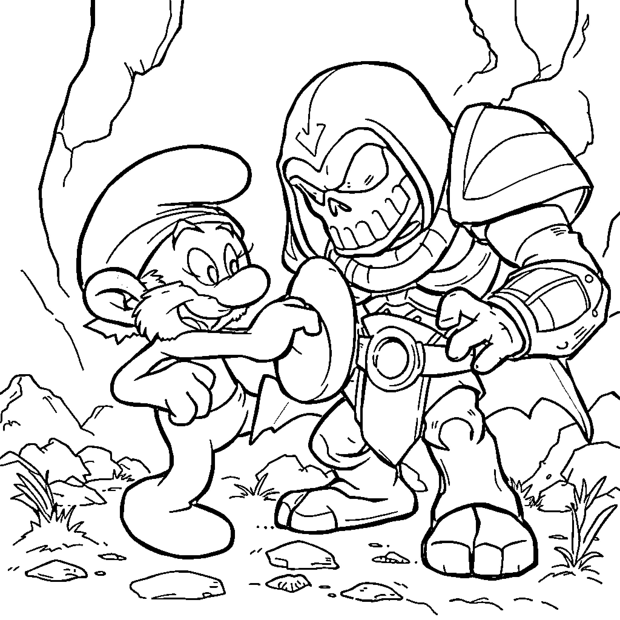 Smurfs facing a menacing villain in the wilderness Coloring Page (free black-and-white line drawing printable PDF for all, from beginners to advanced learners, including children, teens, adults, and seniors)
