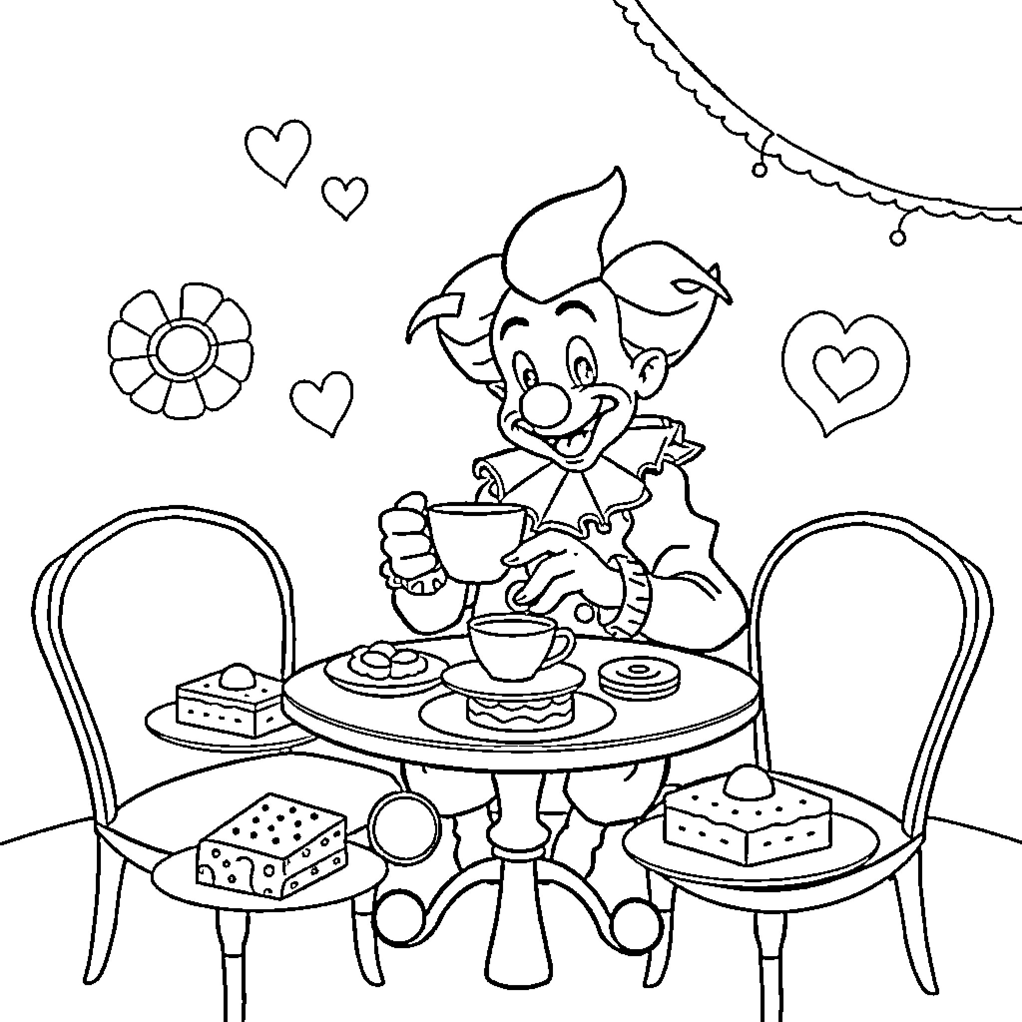 Clown Enjoying Sweets at Cafe Coloring Page (free black-and-white line drawing printable PDF for all, from beginners to advanced learners, including children, teens, adults, and seniors)