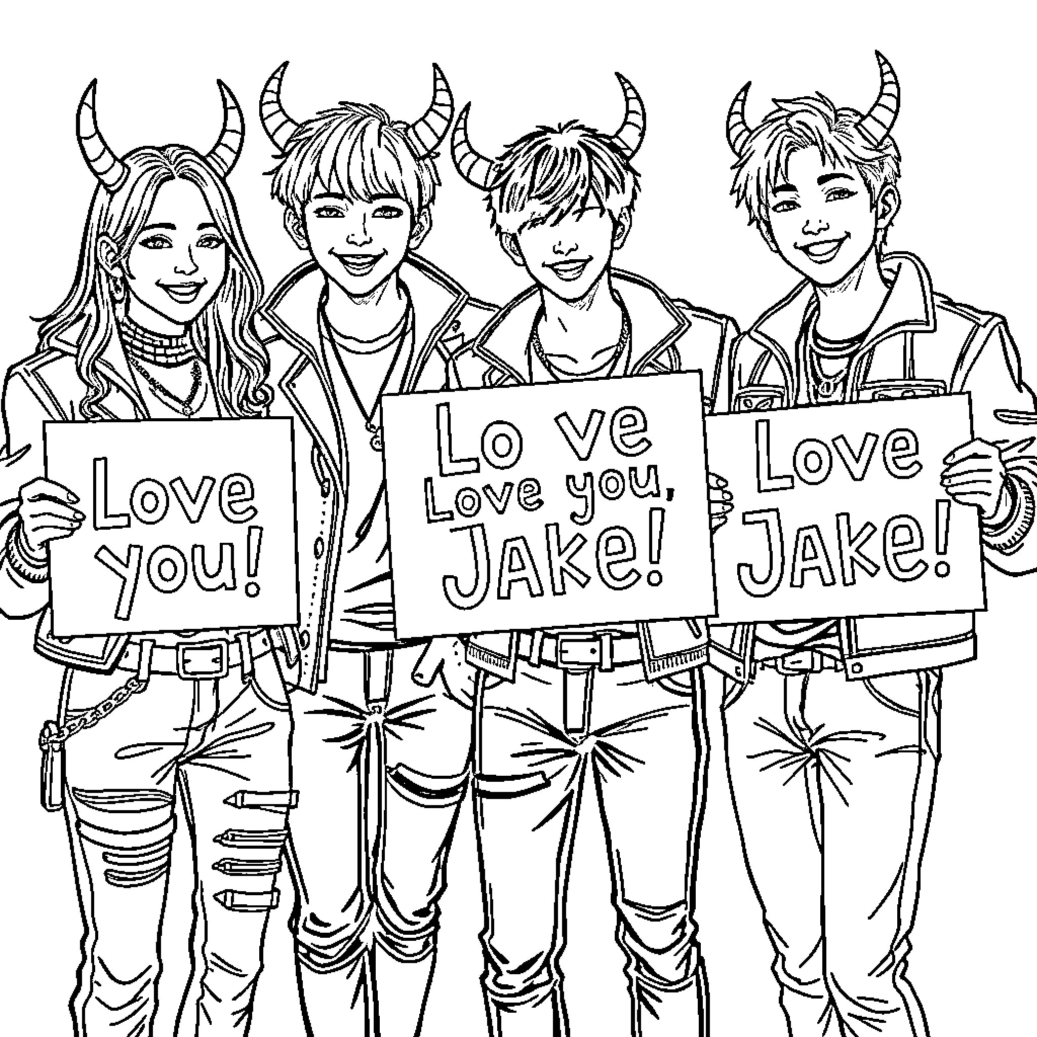 Demon Hunters Spreading Love and Support Coloring Page (free black-and-white line drawing printable PDF for all, from beginners to advanced learners, including children, teens, adults, and seniors)