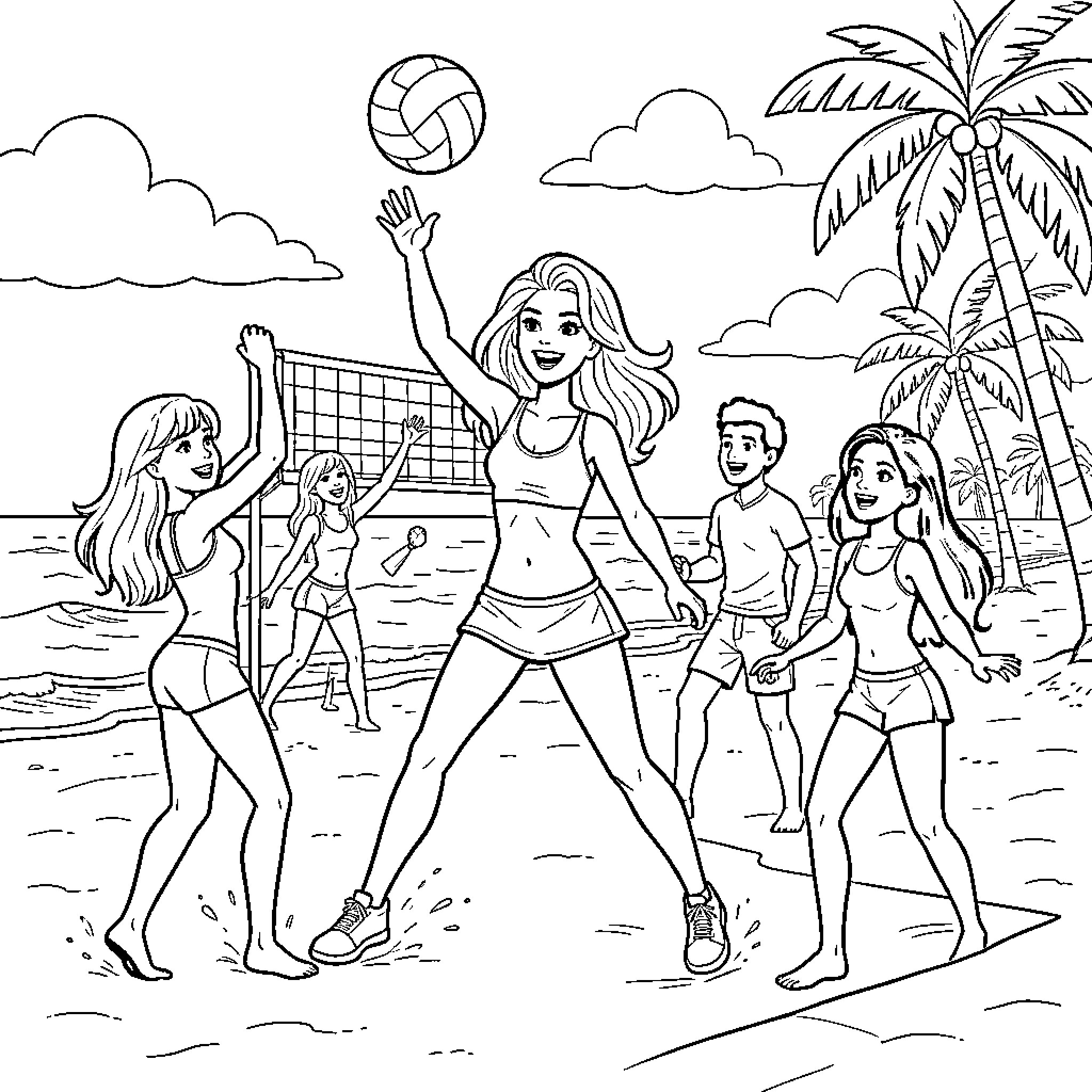 Barbie playing beach volleyball with friends Coloring Page (free black-and-white line drawing printable PDF for all, from beginners to advanced learners, including children, teens, adults, and seniors)