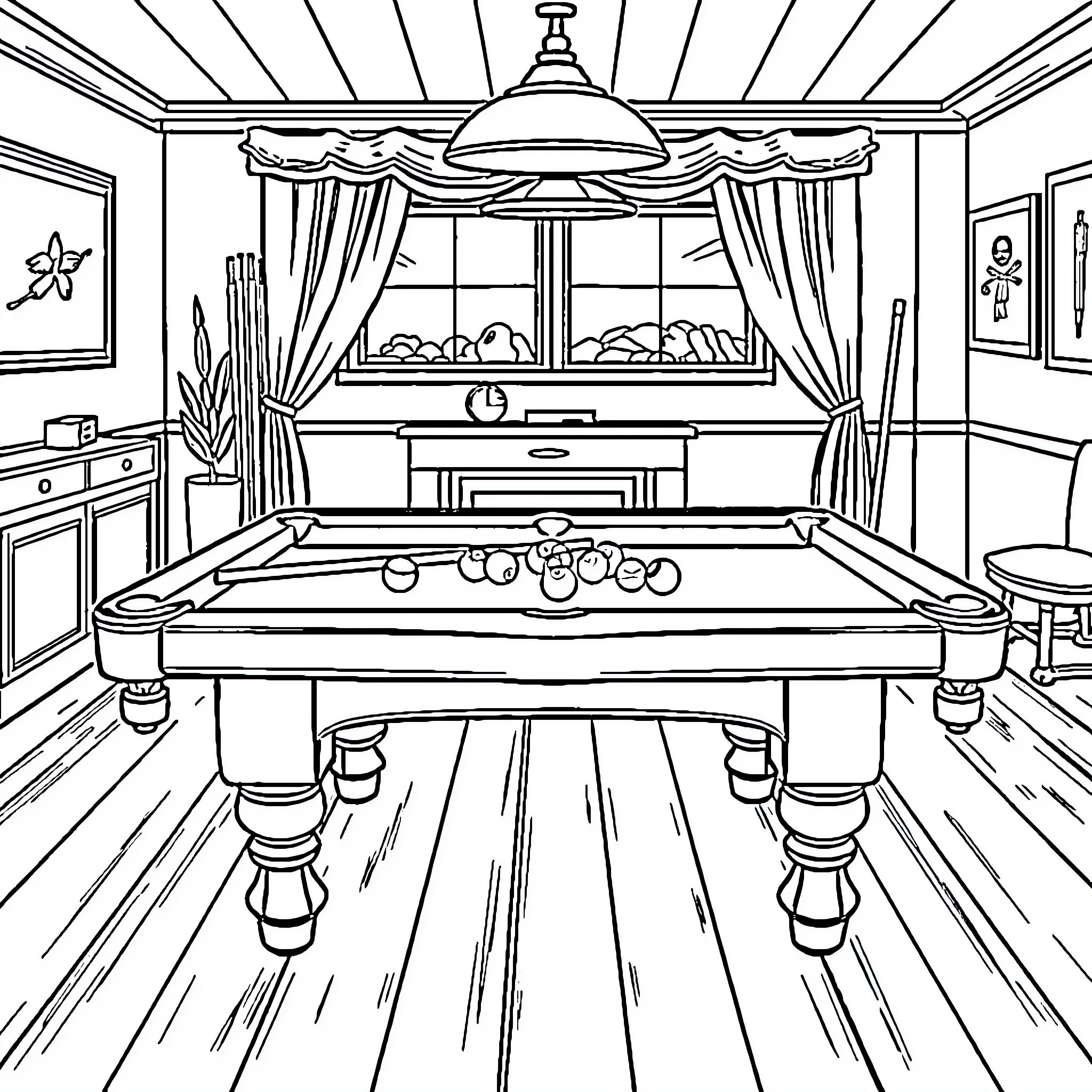 Billiards table in a cozy indoor setting Coloring Page (free black-and-white line drawing printable PDF for all, from beginners to advanced learners, including children, teens, adults, and seniors)
