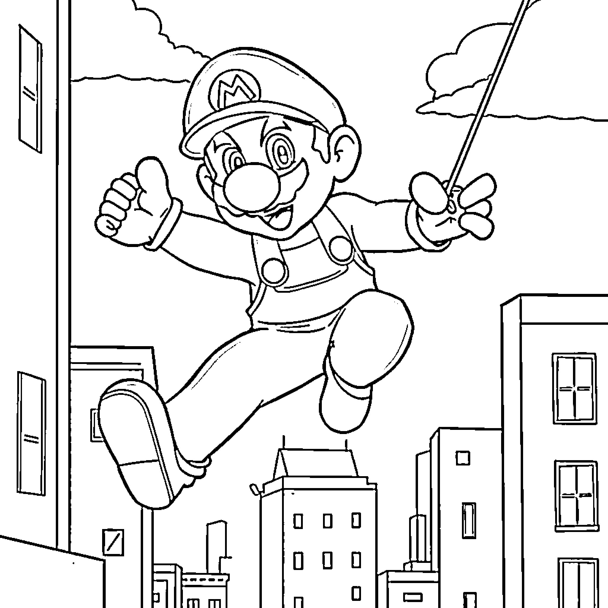 Mario Spider swinging through the city streets Coloring Page (free black-and-white line drawing printable PDF for all, from beginners to advanced learners, including children, teens, adults, and seniors)
