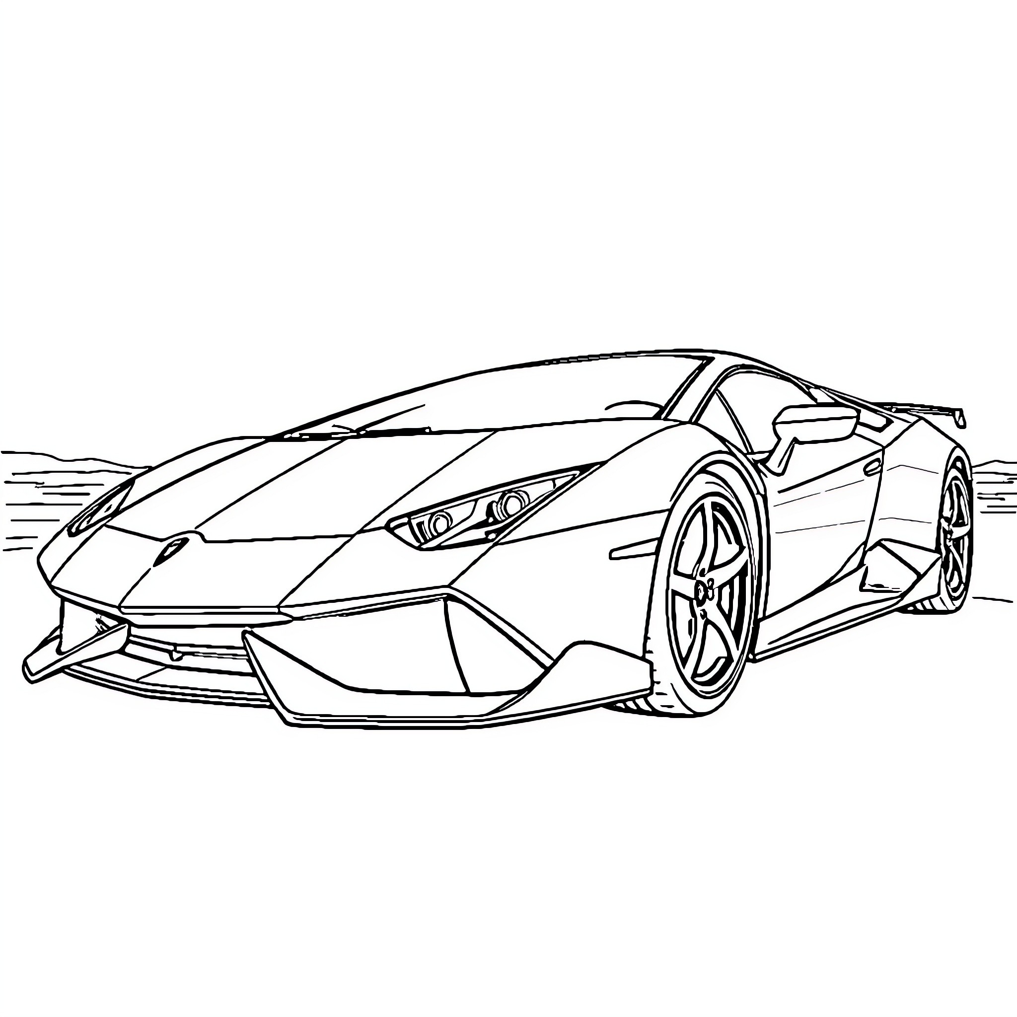 Lamborghini supercar speeding through the road Coloring Page (free black-and-white line drawing printable PDF for all, from beginners to advanced learners, including children, teens, adults, and seniors)