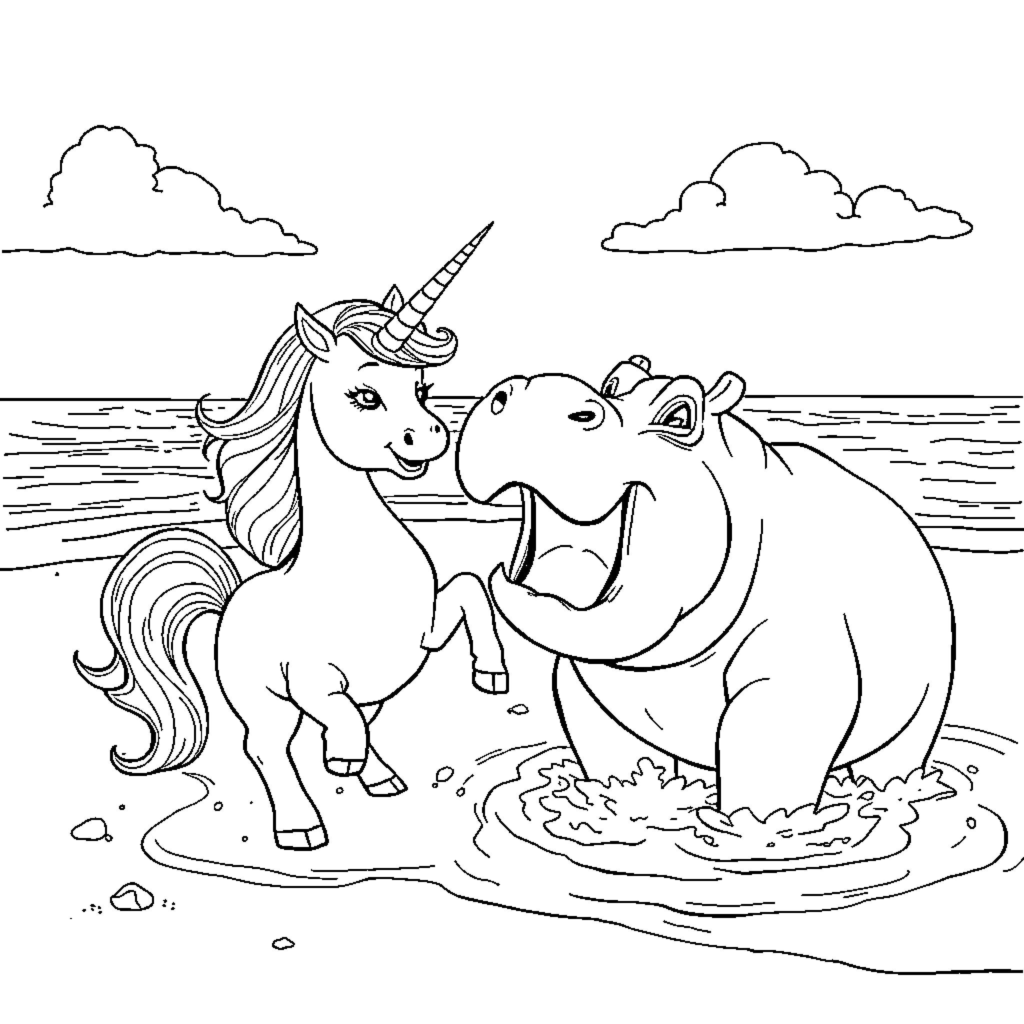Unicorn and Hippo Enjoying the Beach Coloring Page (free black-and-white line drawing printable PDF for all, from beginners to advanced learners, including children, teens, adults, and seniors)