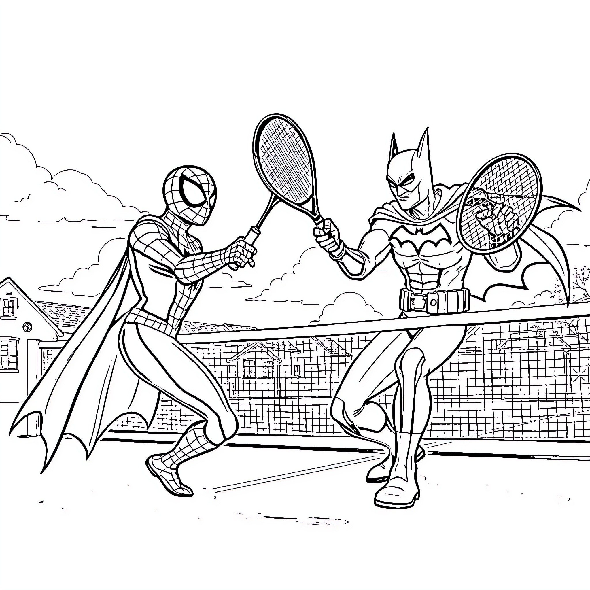 Spider-Man and Batman tennis match on the city court Coloring Page (free black-and-white line drawing printable PDF for all, from beginners to advanced learners, including children, teens, adults, and seniors)
