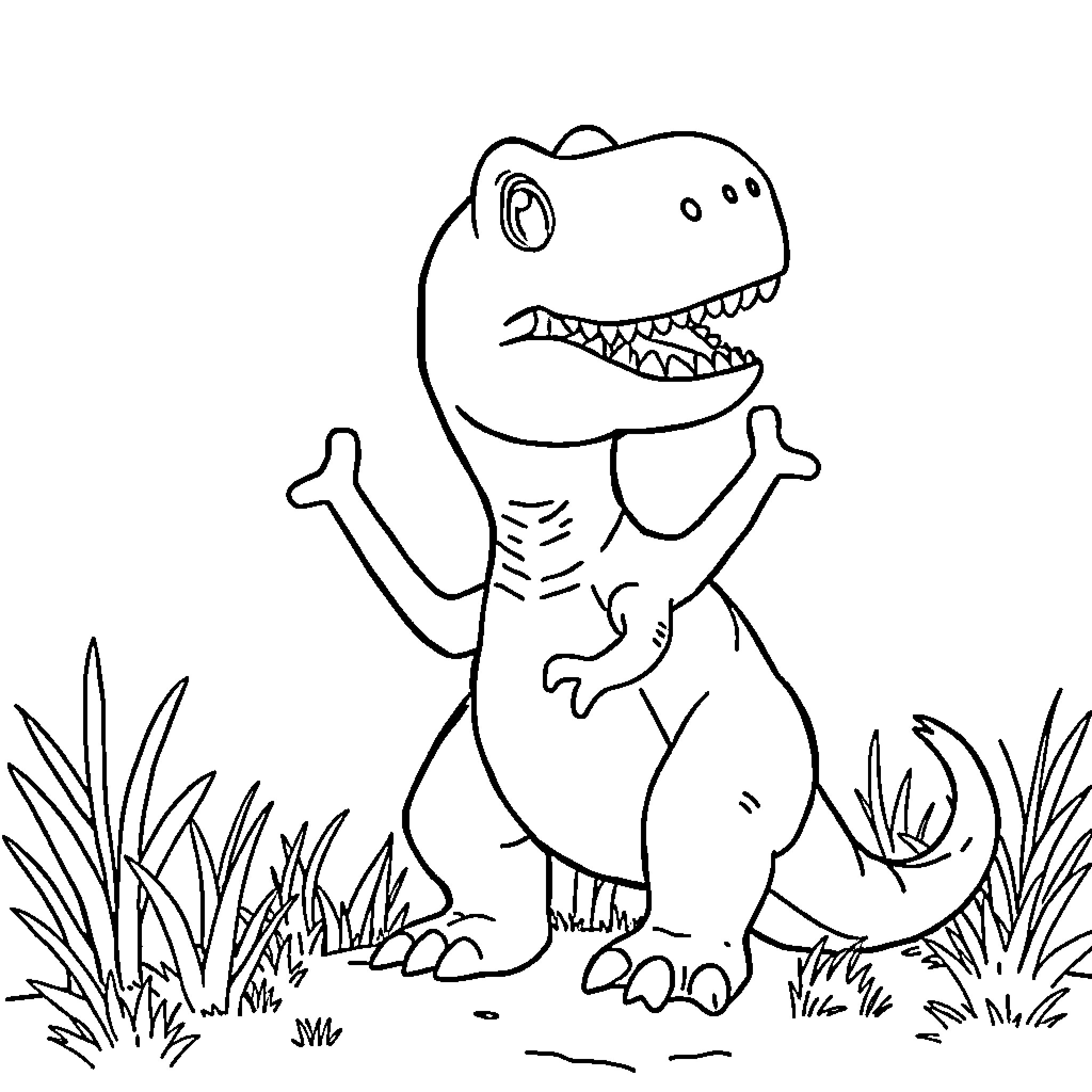 T-Rex Roaring in the Jungle Coloring Page (free black-and-white line drawing printable PDF for all, from beginners to advanced learners, including children, teens, adults, and seniors)