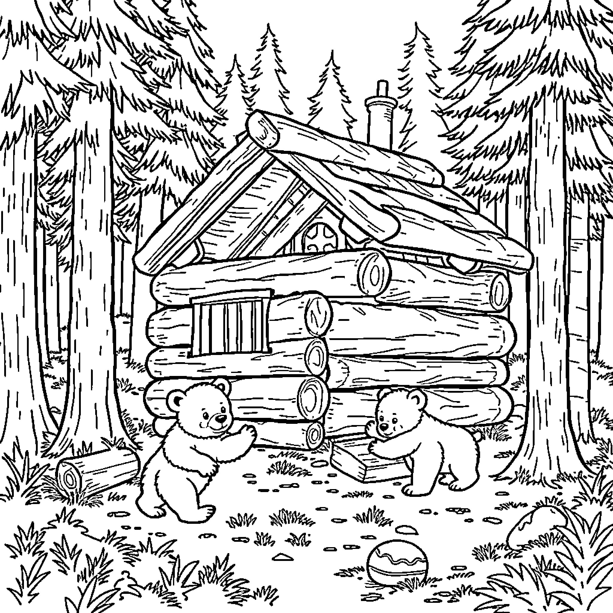 Bear cubs playing near a log cabin in the forest Coloring Page (free black-and-white line drawing printable PDF for all, from beginners to advanced learners, including children, teens, adults, and seniors)