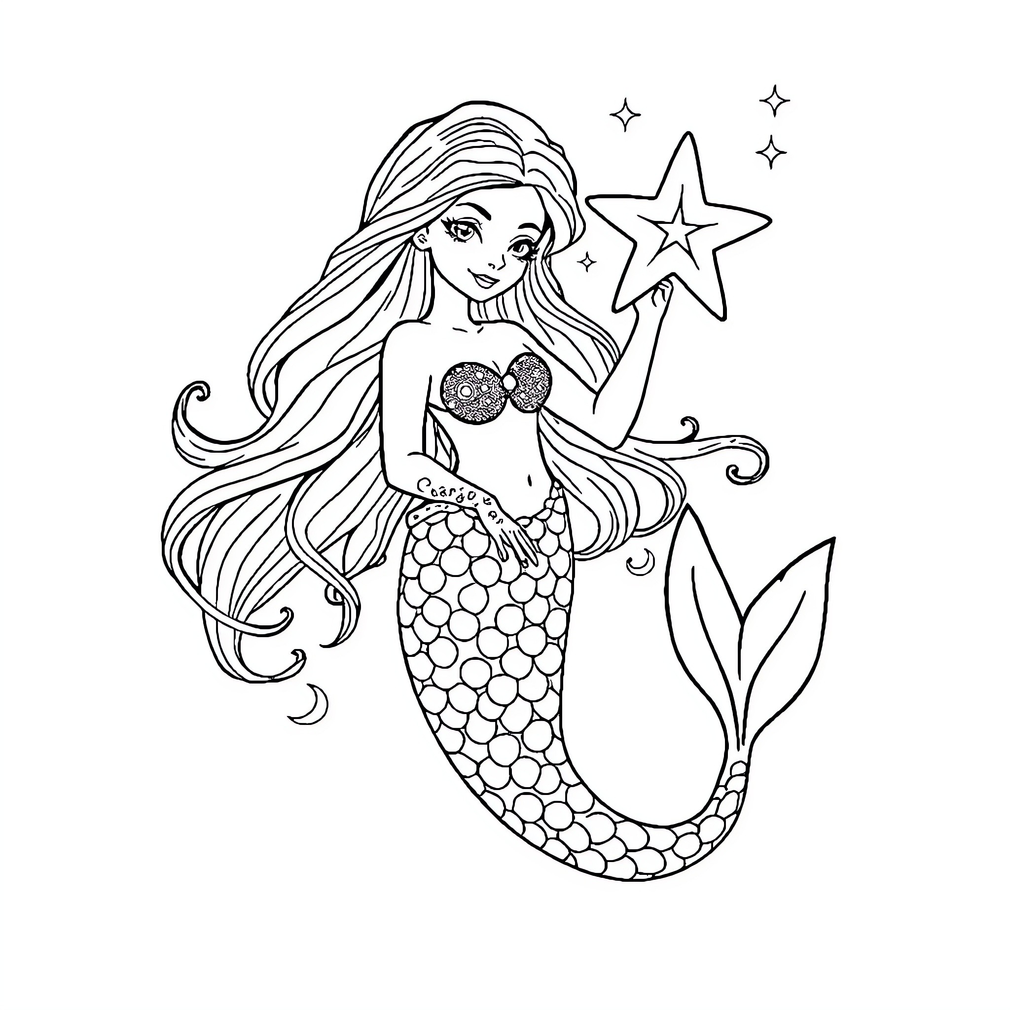Mermaid with starfish and magical elements Coloring Page (free black-and-white line drawing printable PDF for all, from beginners to advanced learners, including children, teens, adults, and seniors)