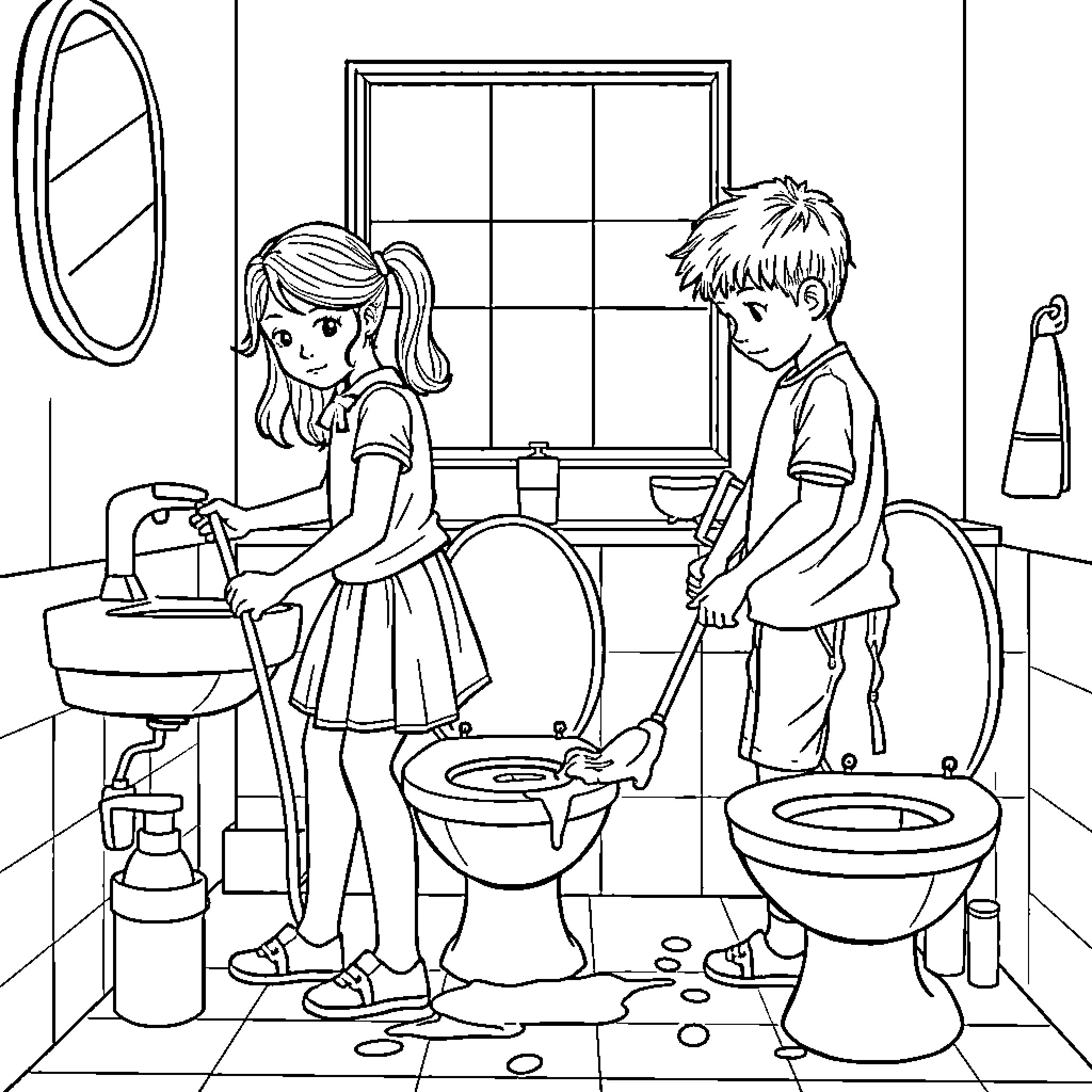 Child Helping in Bathroom Chores Coloring Page (free black-and-white line drawing printable PDF for all, from beginners to advanced learners, including children, teens, adults, and seniors)