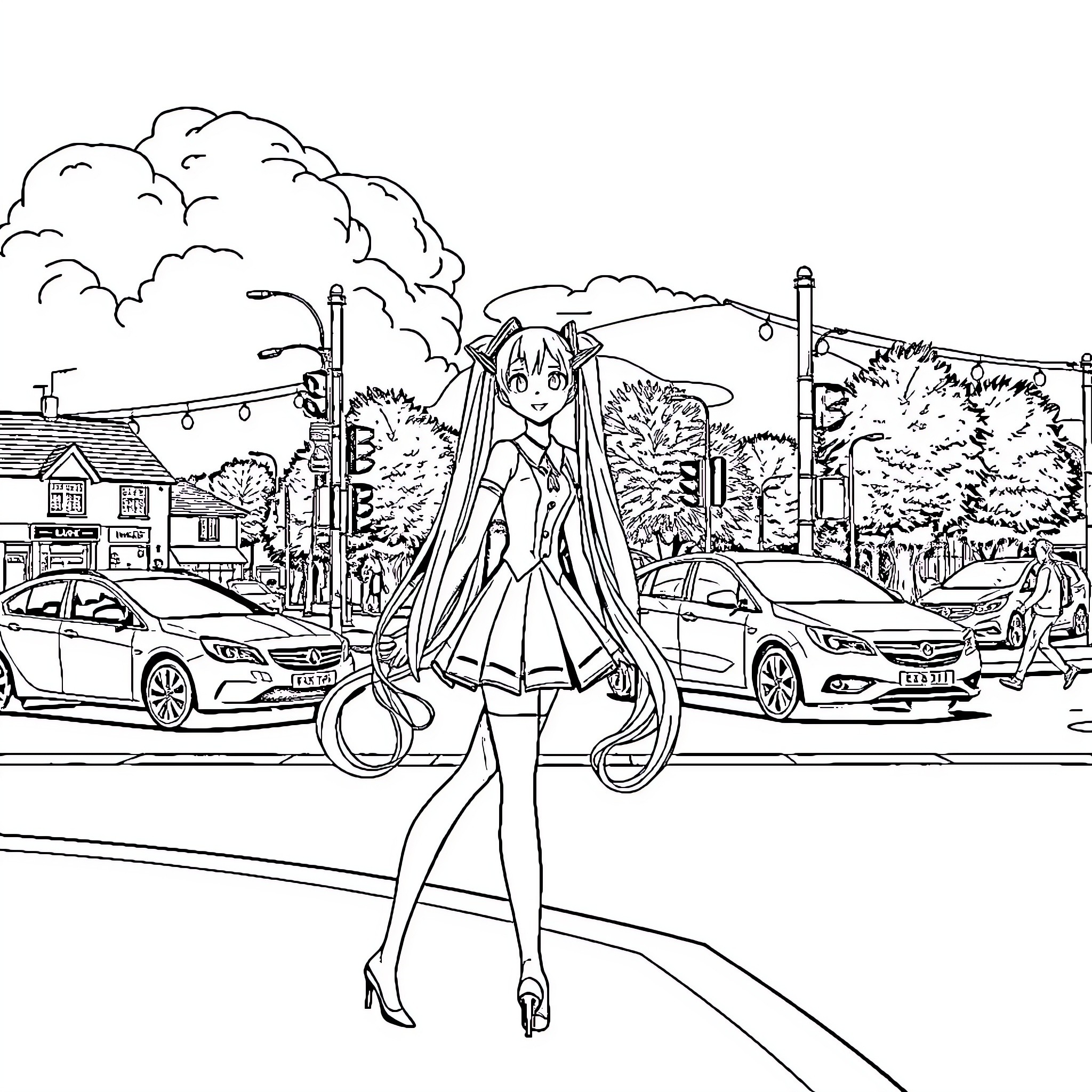 Hatsune Miku enjoying a day out in the city Coloring Page (free black-and-white line drawing printable PDF for all, from beginners to advanced learners, including children, teens, adults, and seniors)