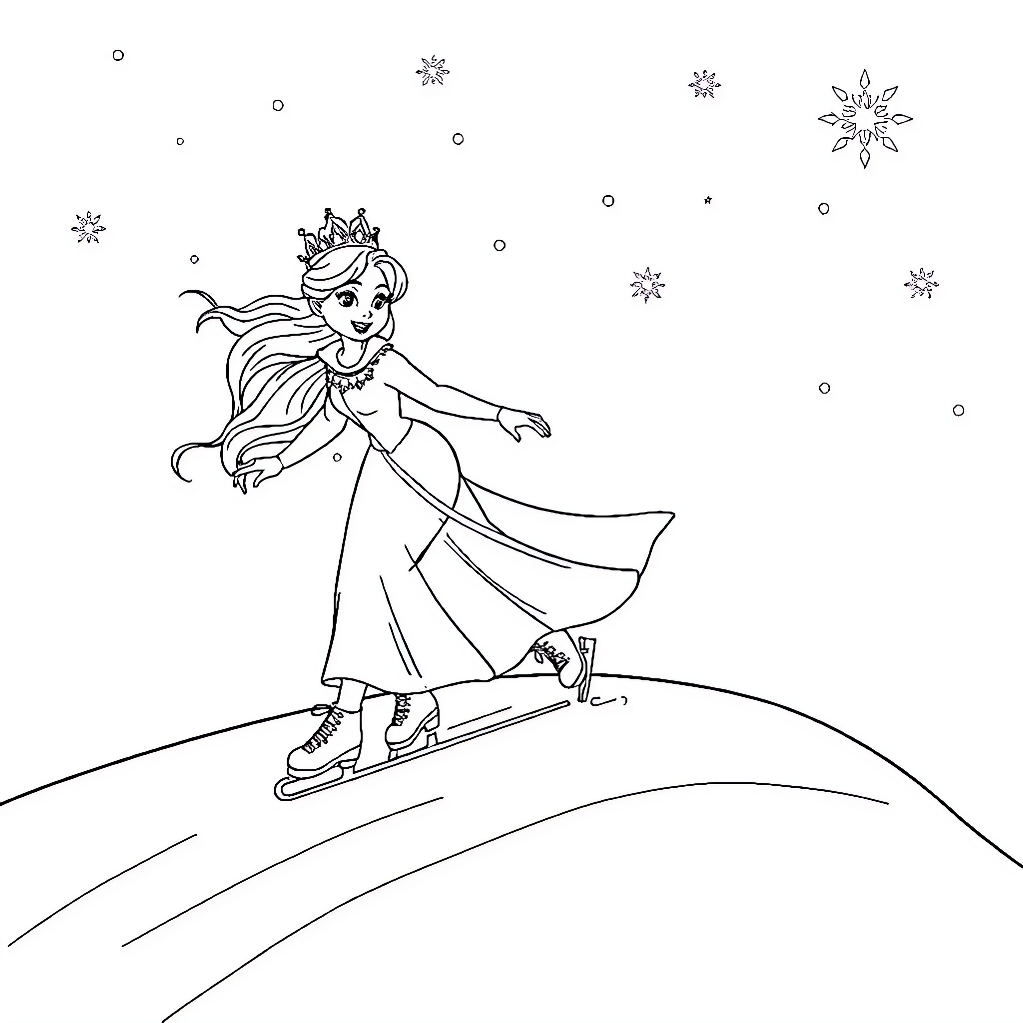 Ice Queen gliding gracefully on a winter wonderland Coloring Page (free black-and-white line drawing printable PDF for all, from beginners to advanced learners, including children, teens, adults, and seniors)