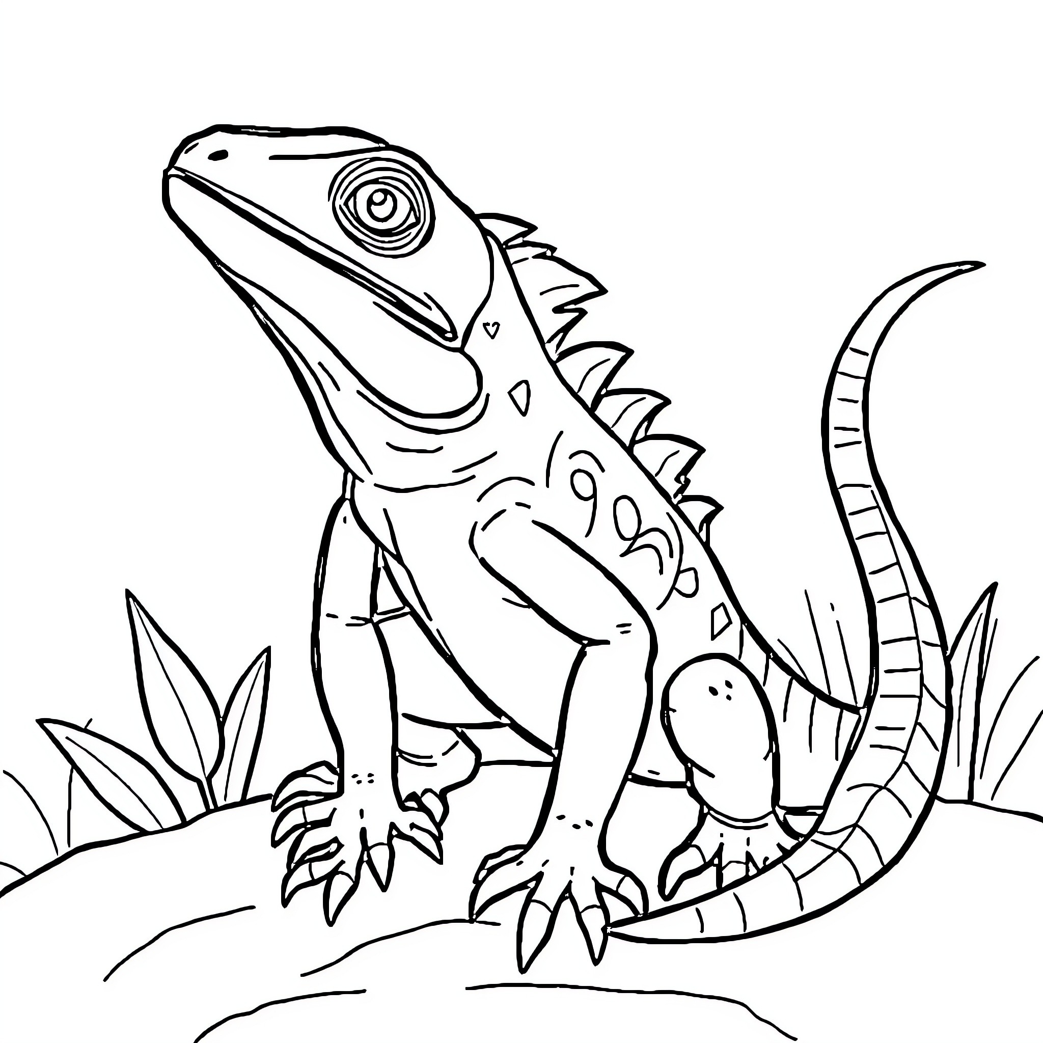 Iguana resting in the grass Coloring Page (free black-and-white line drawing printable PDF for all, from beginners to advanced learners, including children, teens, adults, and seniors)