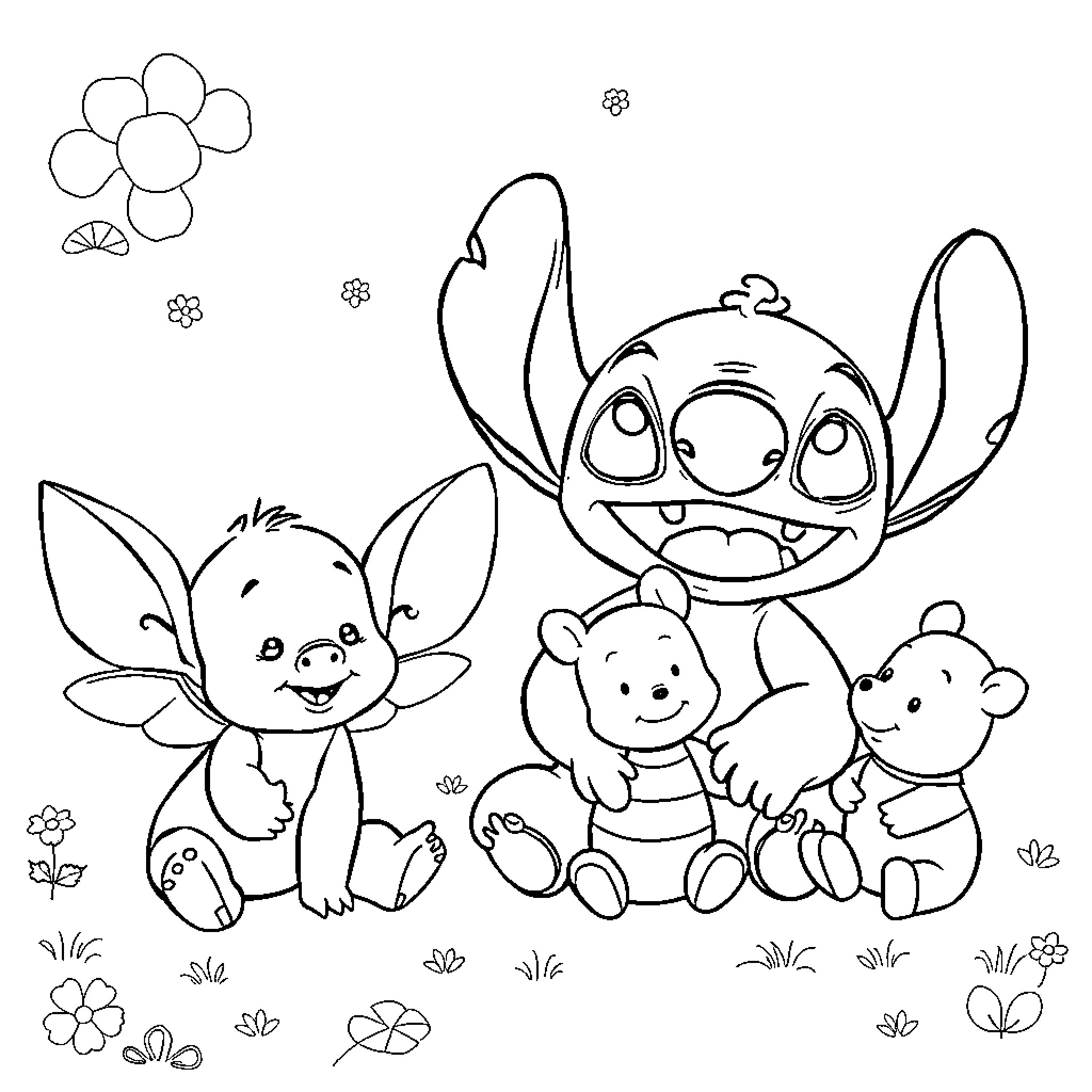 Pooh and friends enjoying the outdoors Coloring Page (free black-and-white line drawing printable PDF for all, from beginners to advanced learners, including children, teens, adults, and seniors)