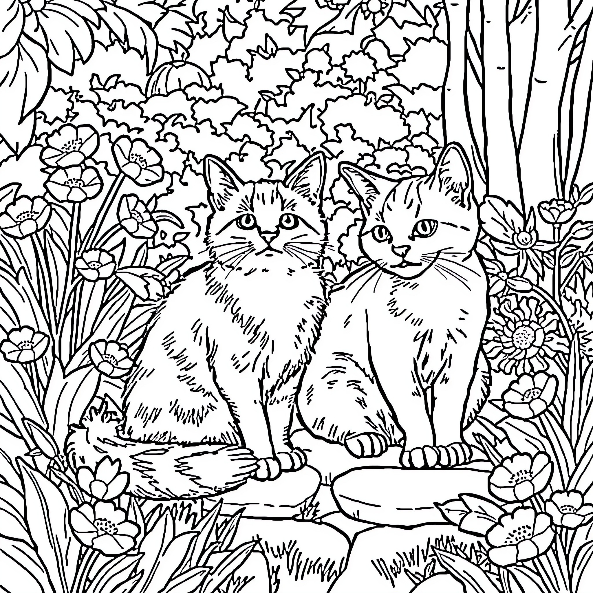 Kitten Companions Exploring Enchanting Garden Coloring Page (free black-and-white line drawing printable PDF for all, from beginners to advanced learners, including children, teens, adults, and seniors)