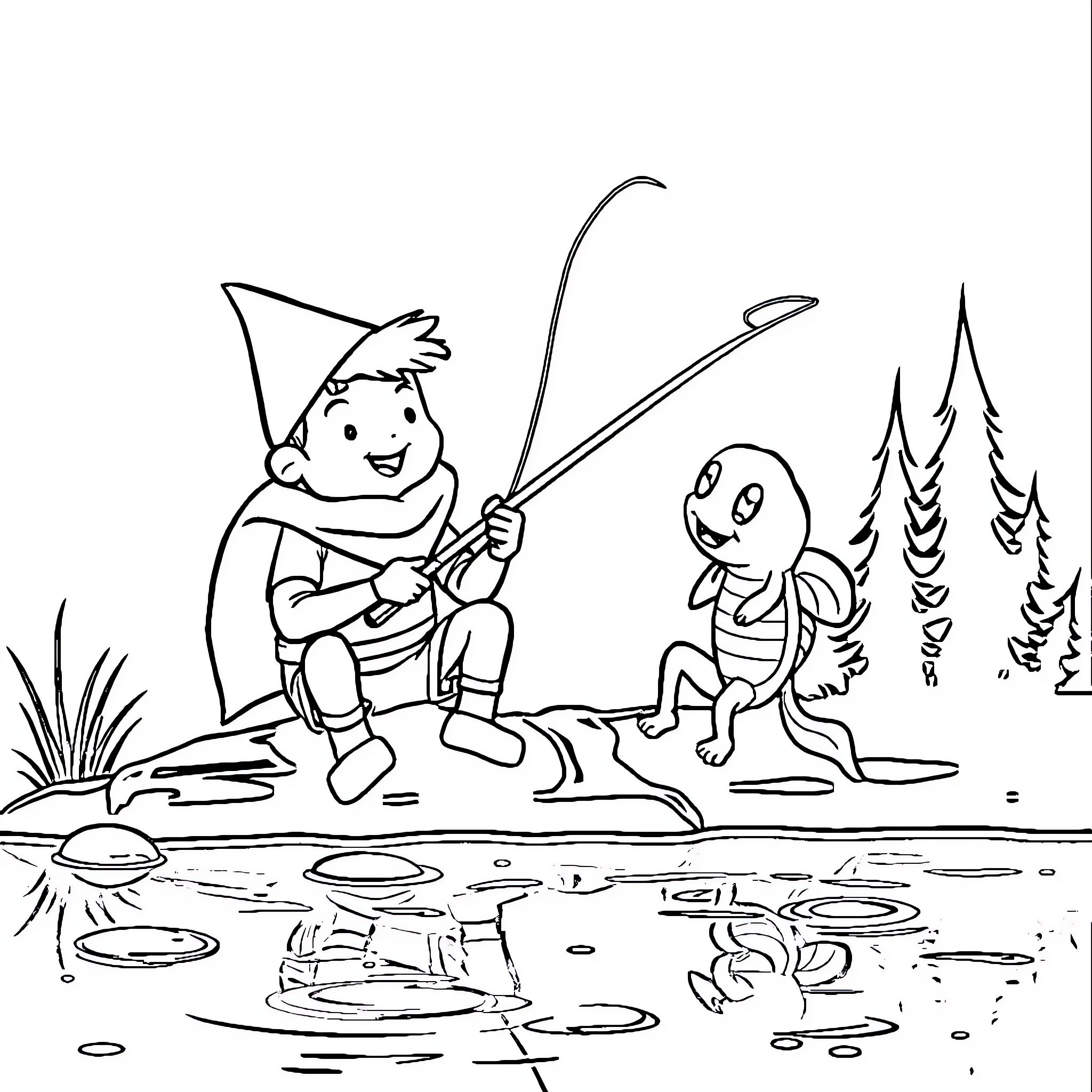 Finn fishing with friends in the pond Coloring Page (free black-and-white line drawing printable PDF for all, from beginners to advanced learners, including children, teens, adults, and seniors)