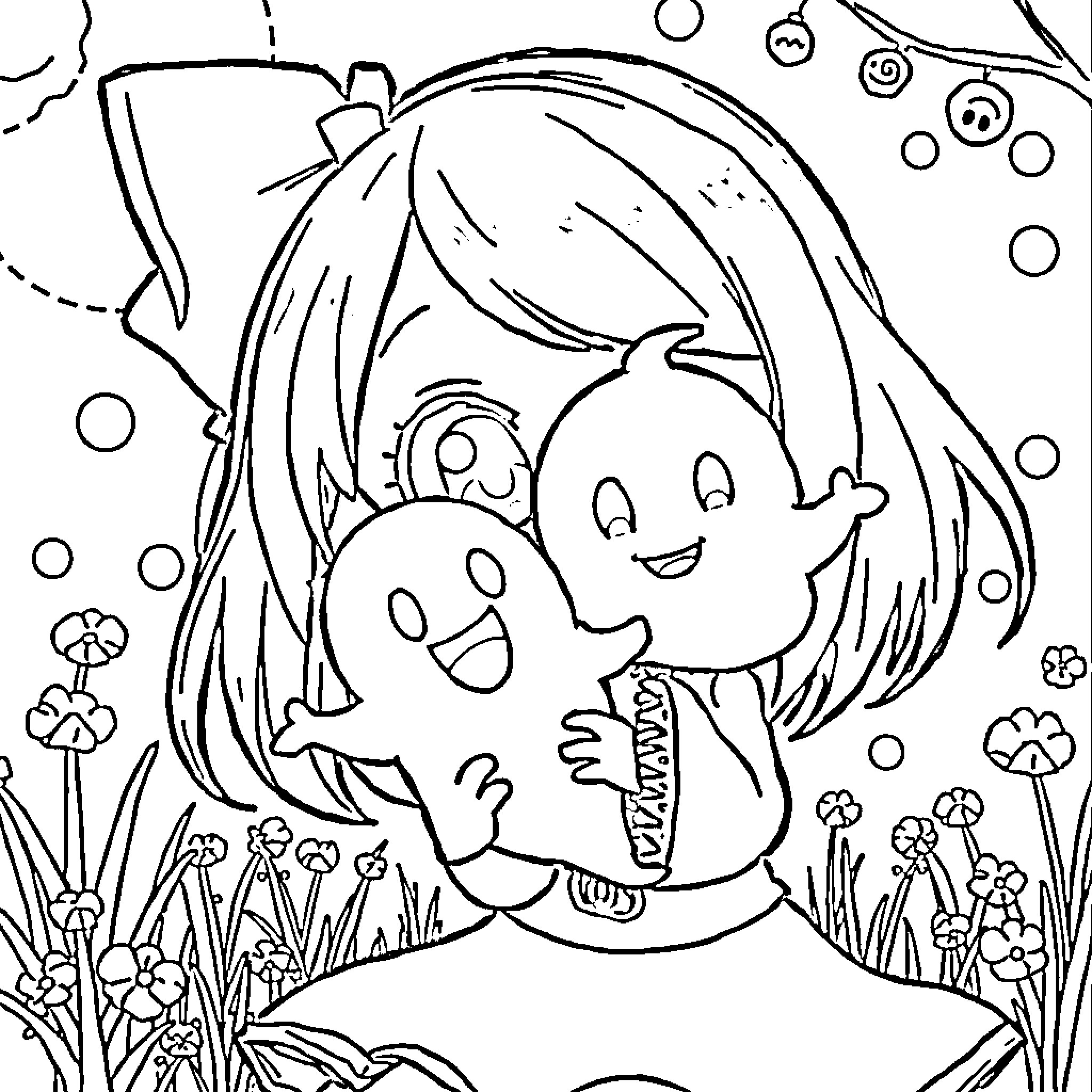 Goth Girl with Playful Spirit in Whimsical Wonderland Coloring Page (free black-and-white line drawing printable PDF for all, from beginners to advanced learners, including children, teens, adults, and seniors)