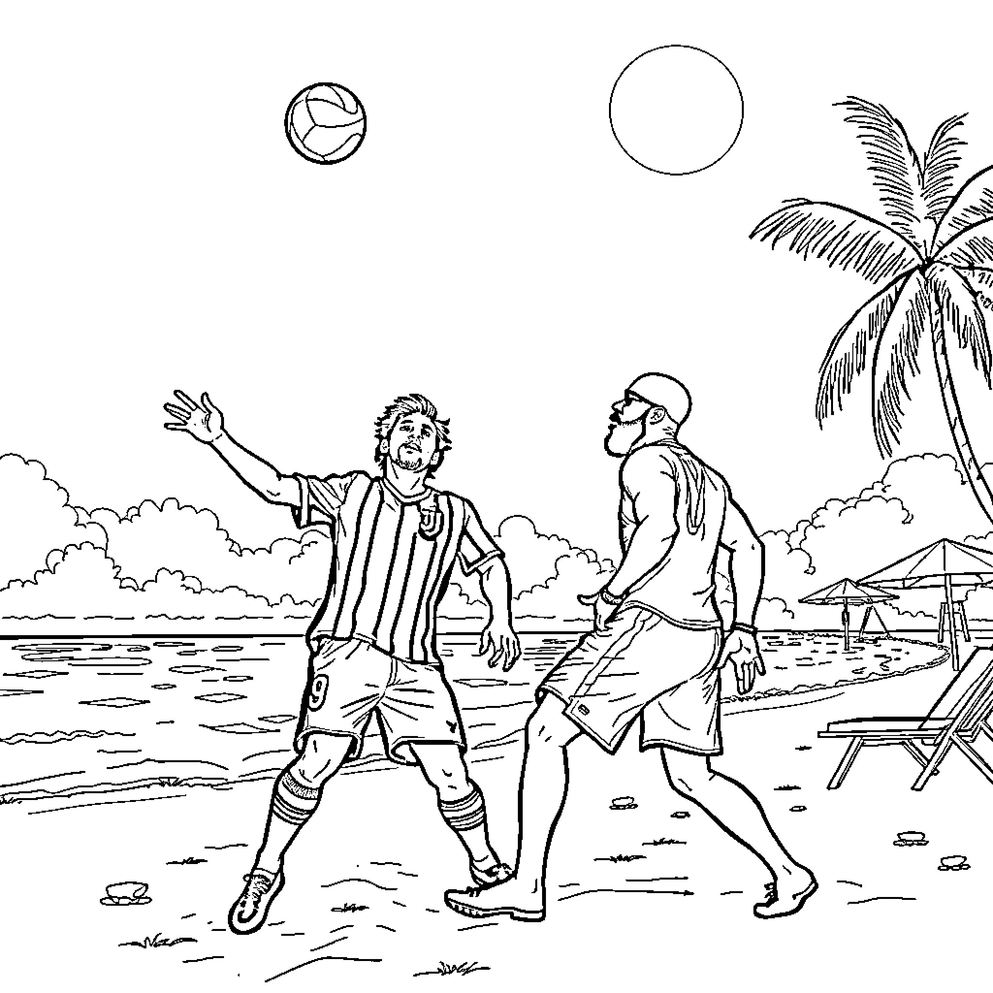 Messi playing beach volleyball with friend Coloring Page (free black-and-white line drawing printable PDF for all, from beginners to advanced learners, including children, teens, adults, and seniors)