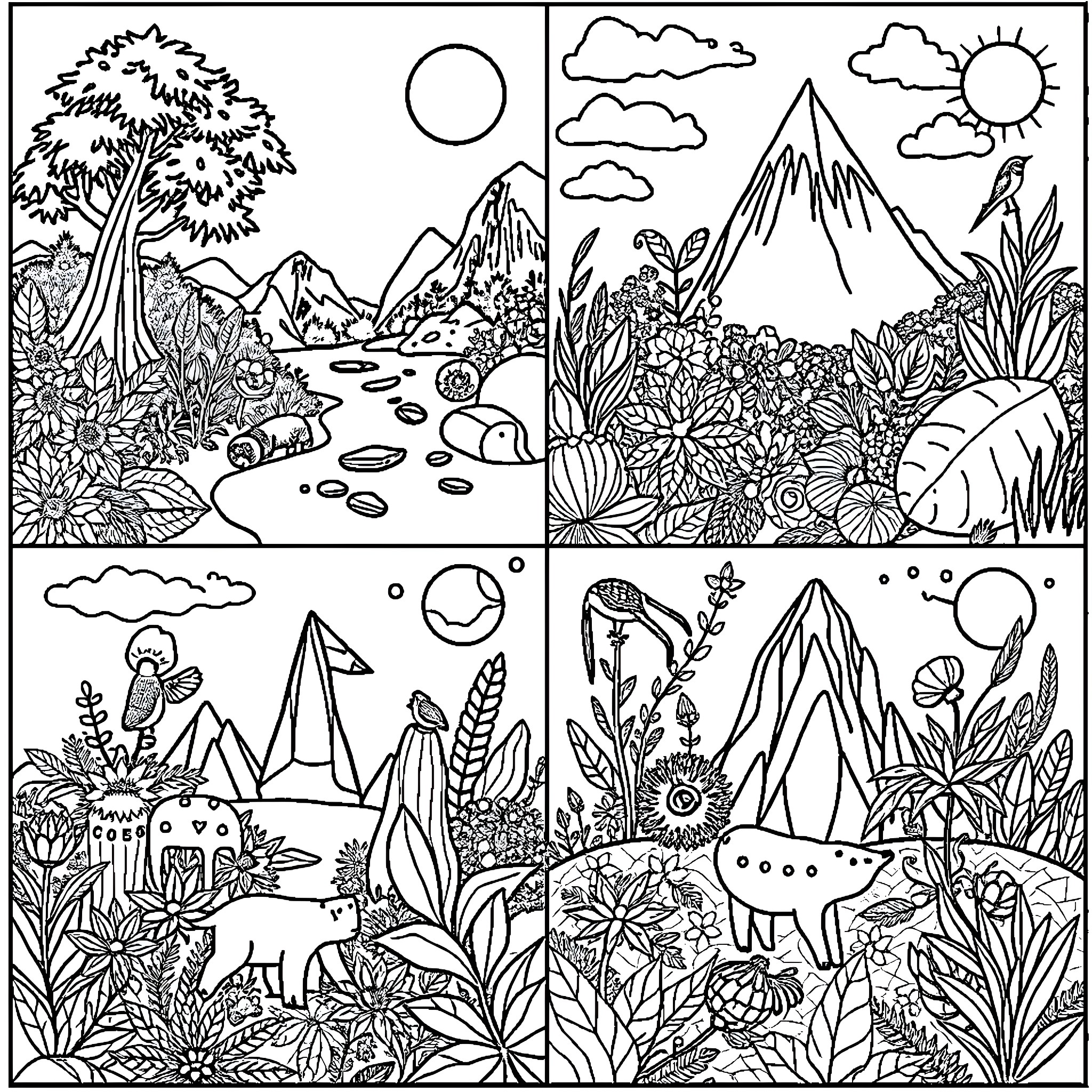 Ecosystem of diverse landscapes and creatures Coloring Page (free black-and-white line drawing printable PDF for all, from beginners to advanced learners, including children, teens, adults, and seniors)