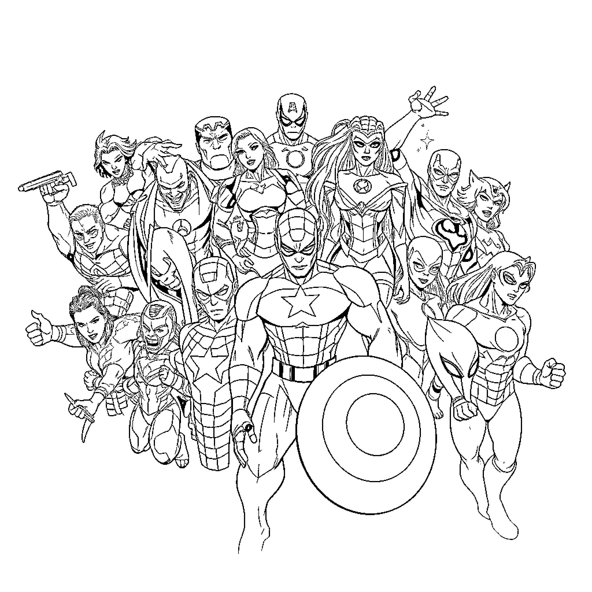 Marvel Superheroes in action-packed poses Coloring Page (free black-and-white line drawing printable PDF for all, from beginners to advanced learners, including children, teens, adults, and seniors)