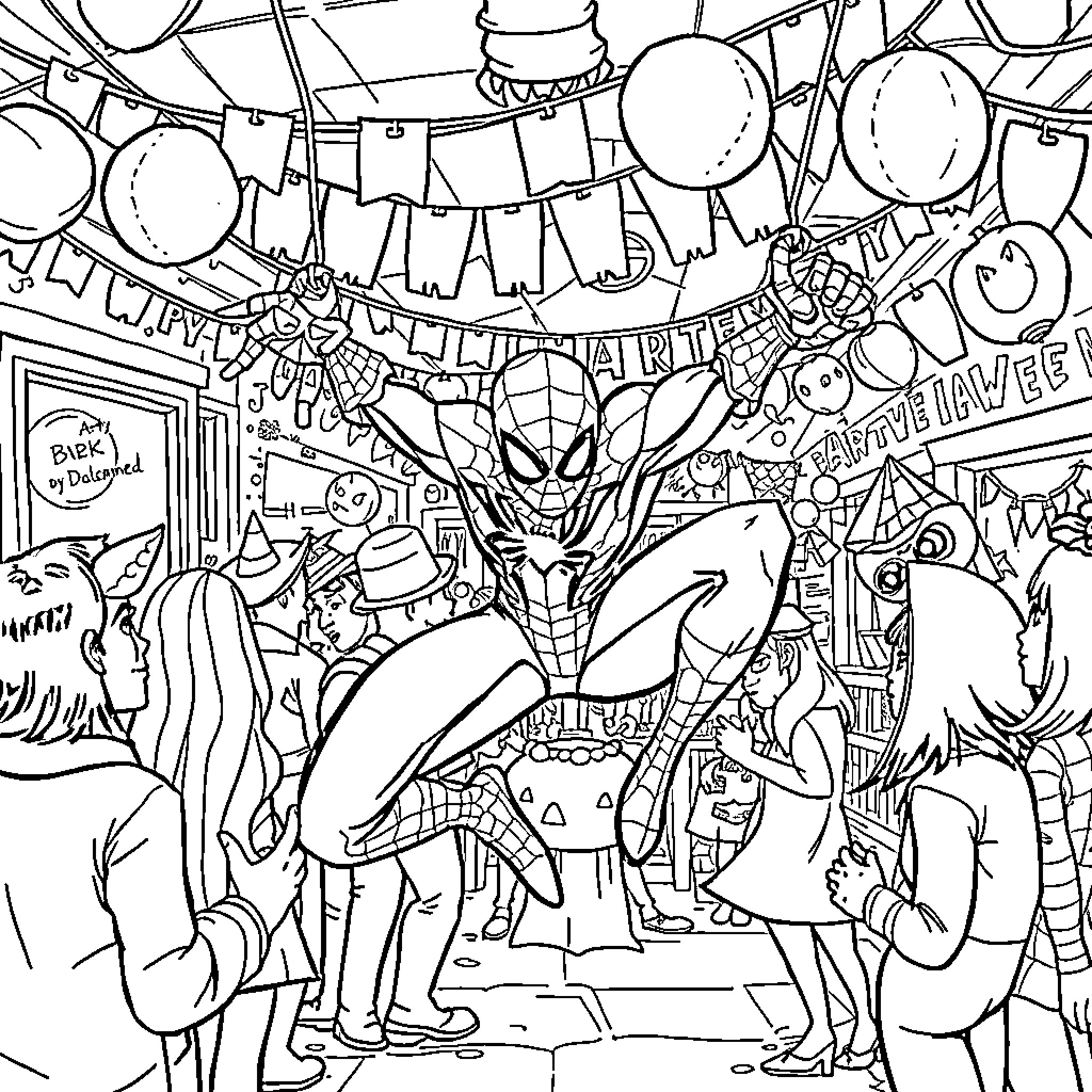 Spiderman Celebrates Happy Birthday with Friends Coloring Page (free black-and-white line drawing printable PDF for all, from beginners to advanced learners, including children, teens, adults, and seniors)