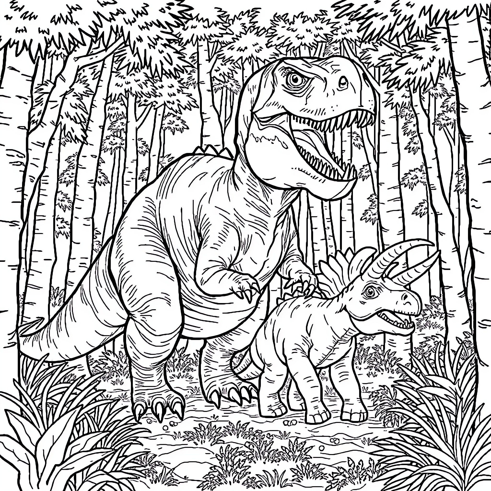Tyrannosaurus Chasing Triceratops in Prehistoric Forest Coloring Page (free black-and-white line drawing printable PDF for all, from beginners to advanced learners, including children, teens, adults, and seniors)