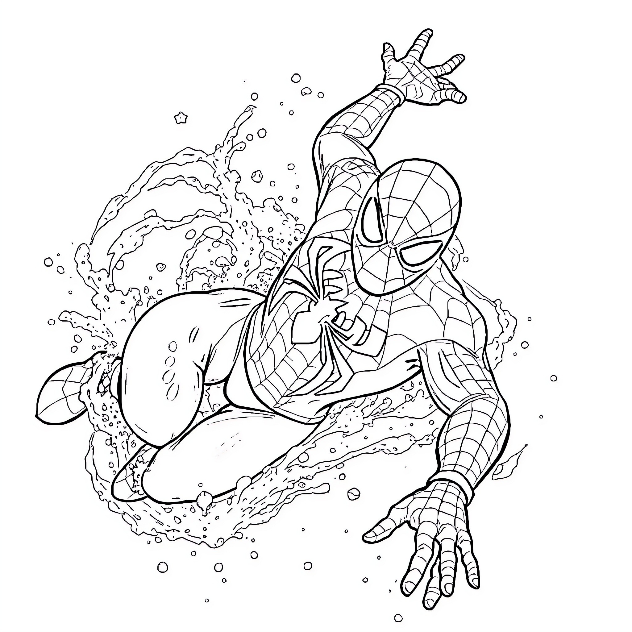 Spider-Man swinging through the city with heroic action Coloring Page (free black-and-white line drawing printable PDF for all, from beginners to advanced learners, including children, teens, adults, and seniors)