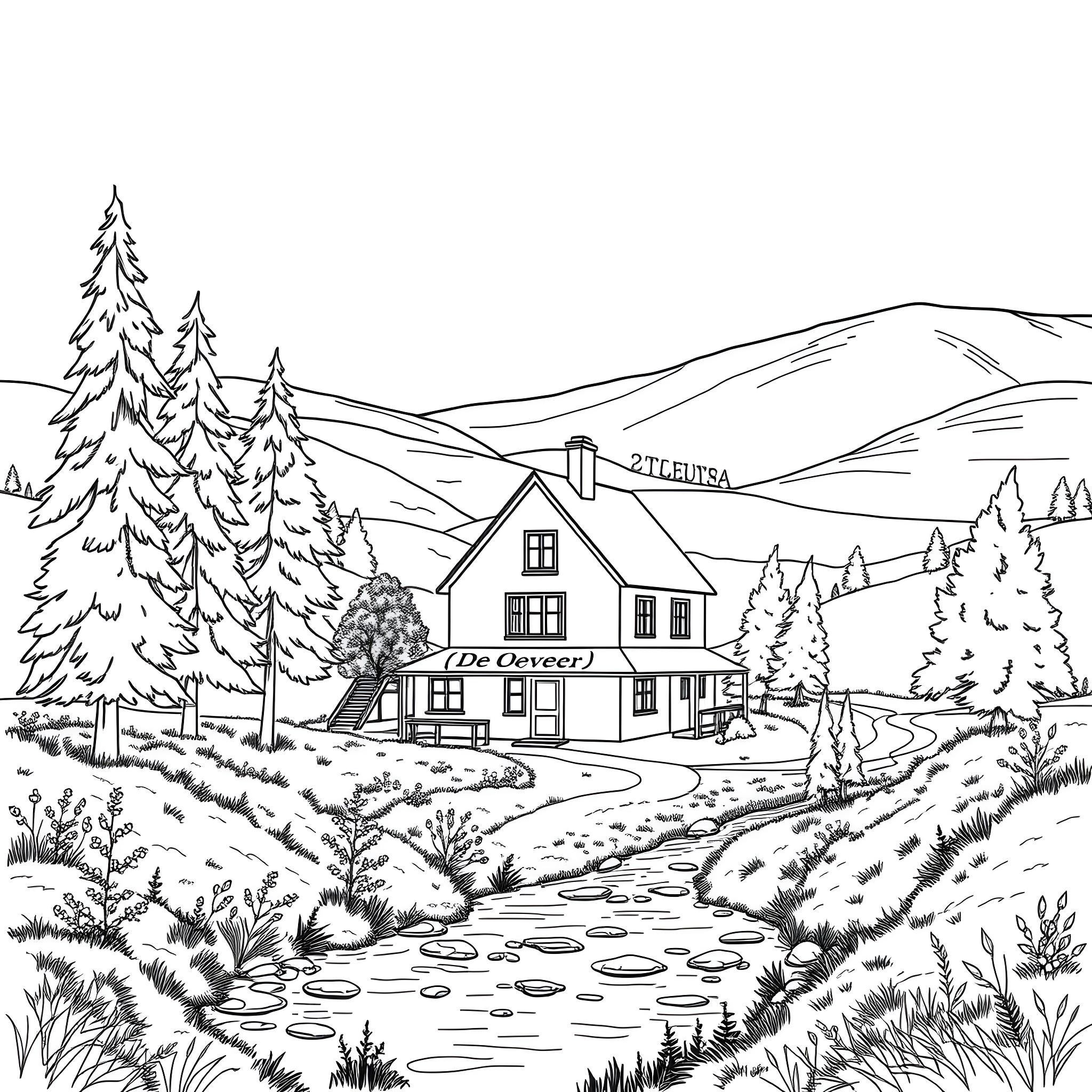 Clinic in a Scenic Mountain Landscape Coloring Page (free black-and-white line drawing printable PDF for all, from beginners to advanced learners, including children, teens, adults, and seniors)
