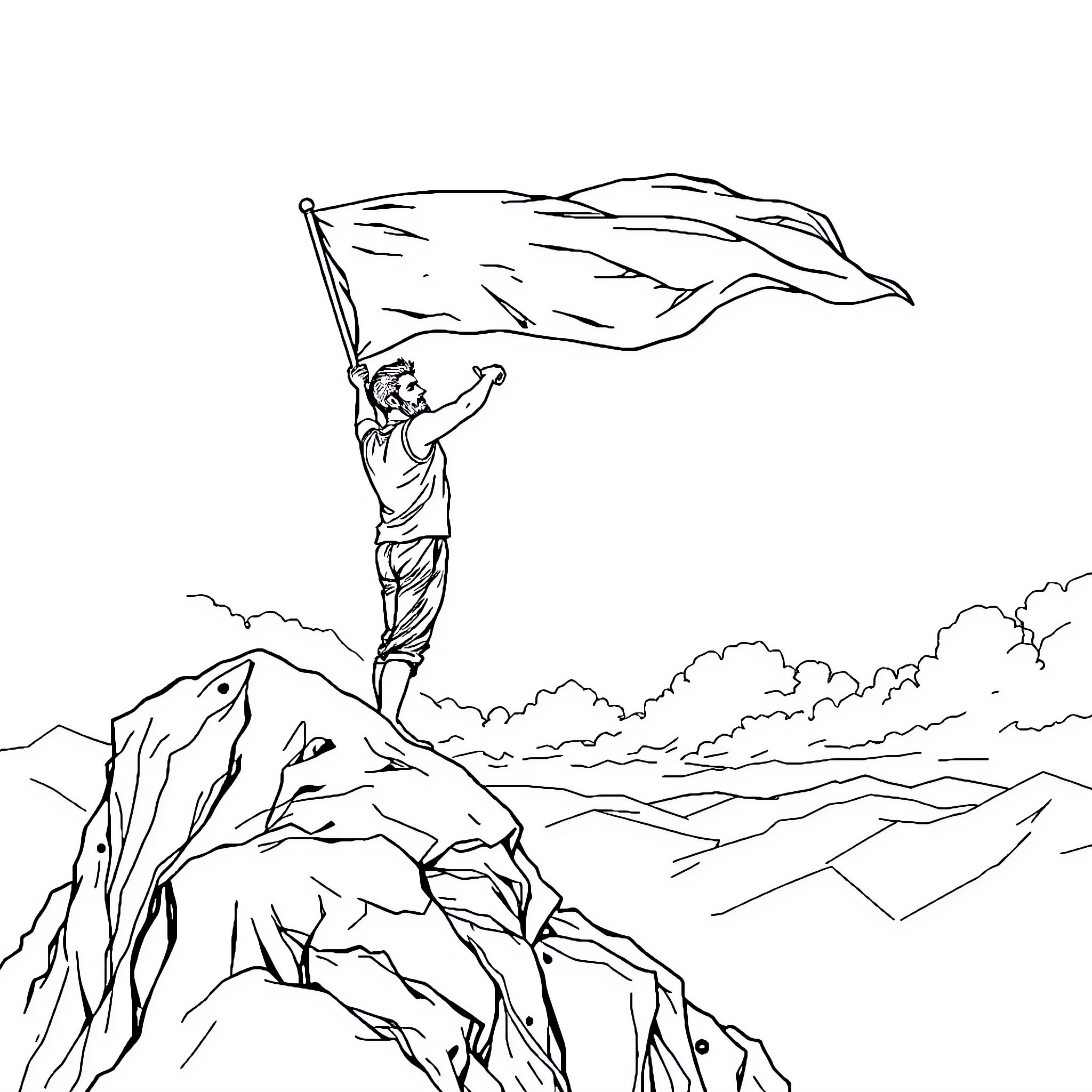 Hombre standing atop mountain, waving flag Coloring Page (free black-and-white line drawing printable PDF for all, from beginners to advanced learners, including children, teens, adults, and seniors)
