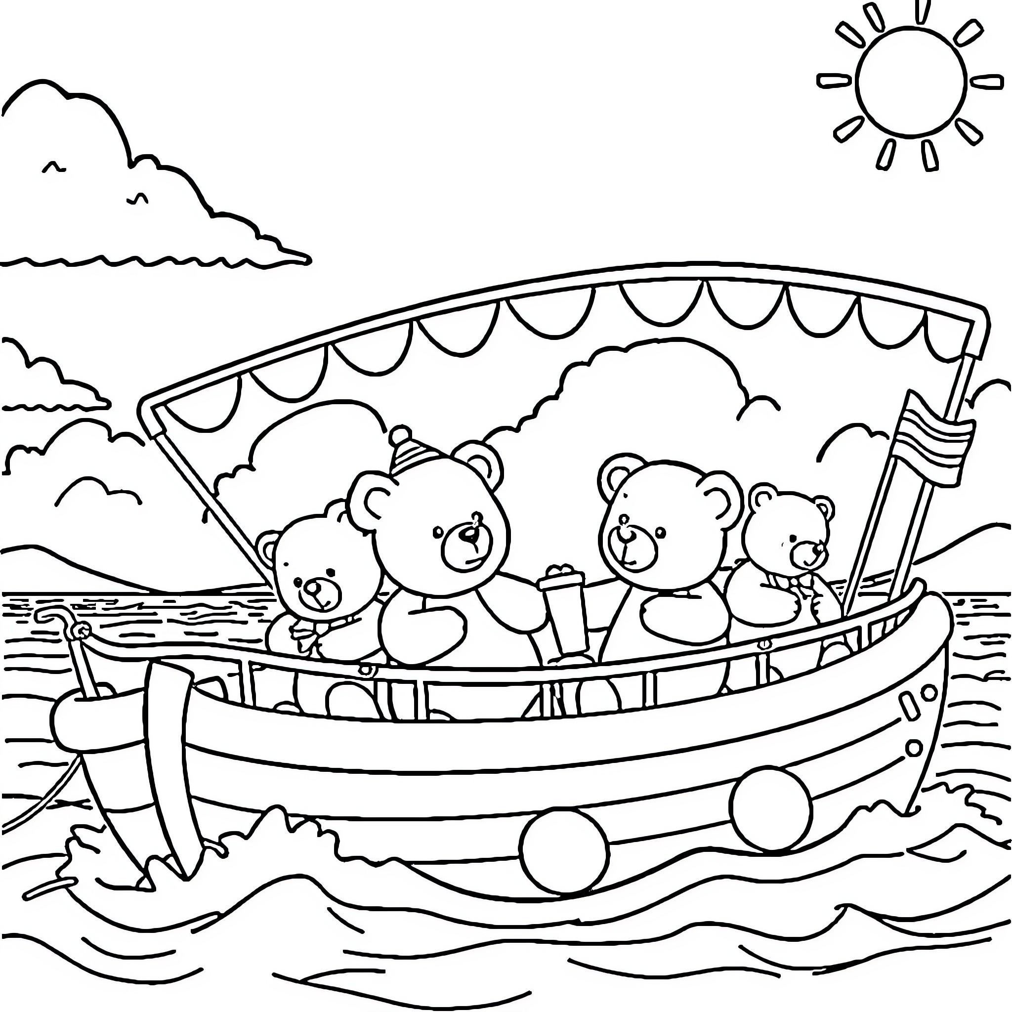 Teddy Bears enjoying a ride on a boat Coloring Page (free black-and-white line drawing printable PDF for all, from beginners to advanced learners, including children, teens, adults, and seniors)