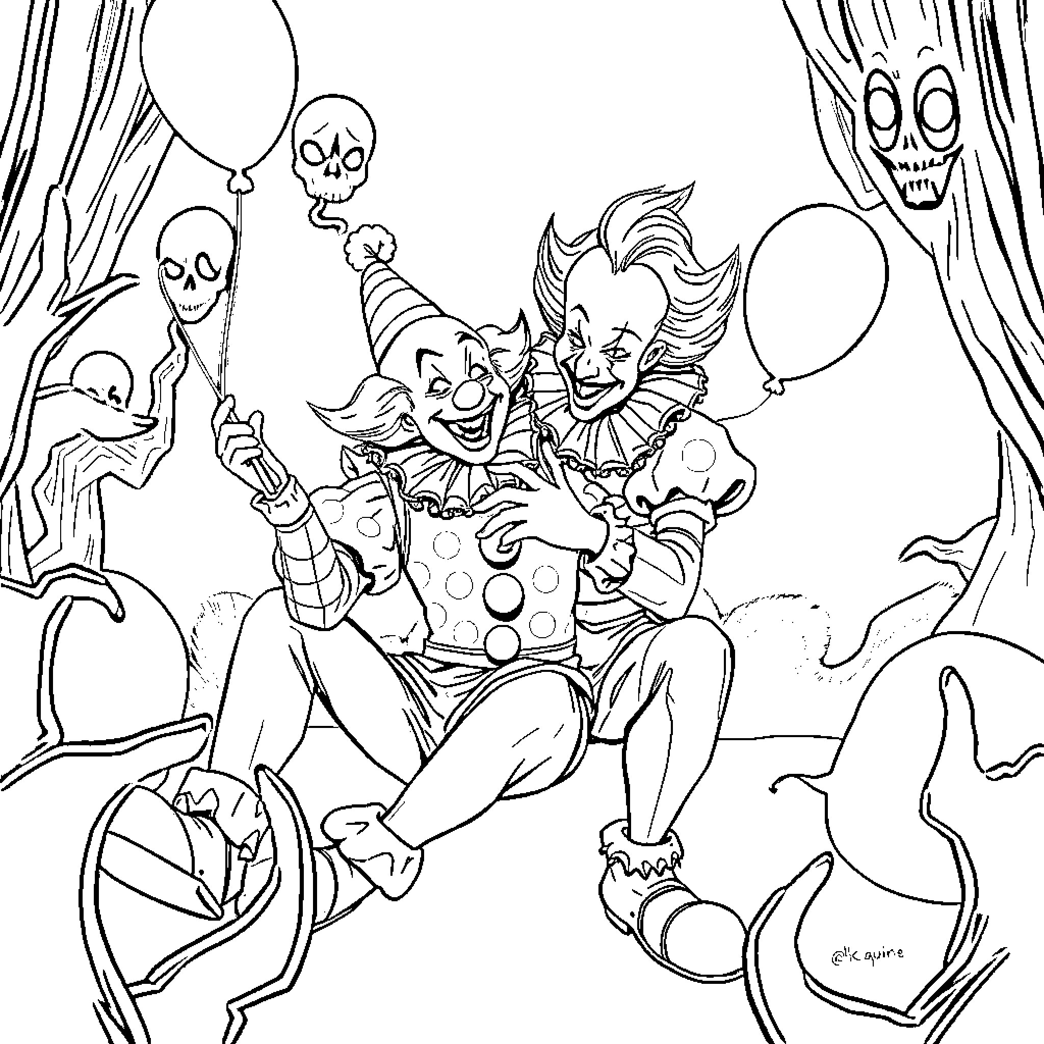 Art The Clown's Twisted Carnival Revelry Coloring Page (free black-and-white line drawing printable PDF for all, from beginners to advanced learners, including children, teens, adults, and seniors)