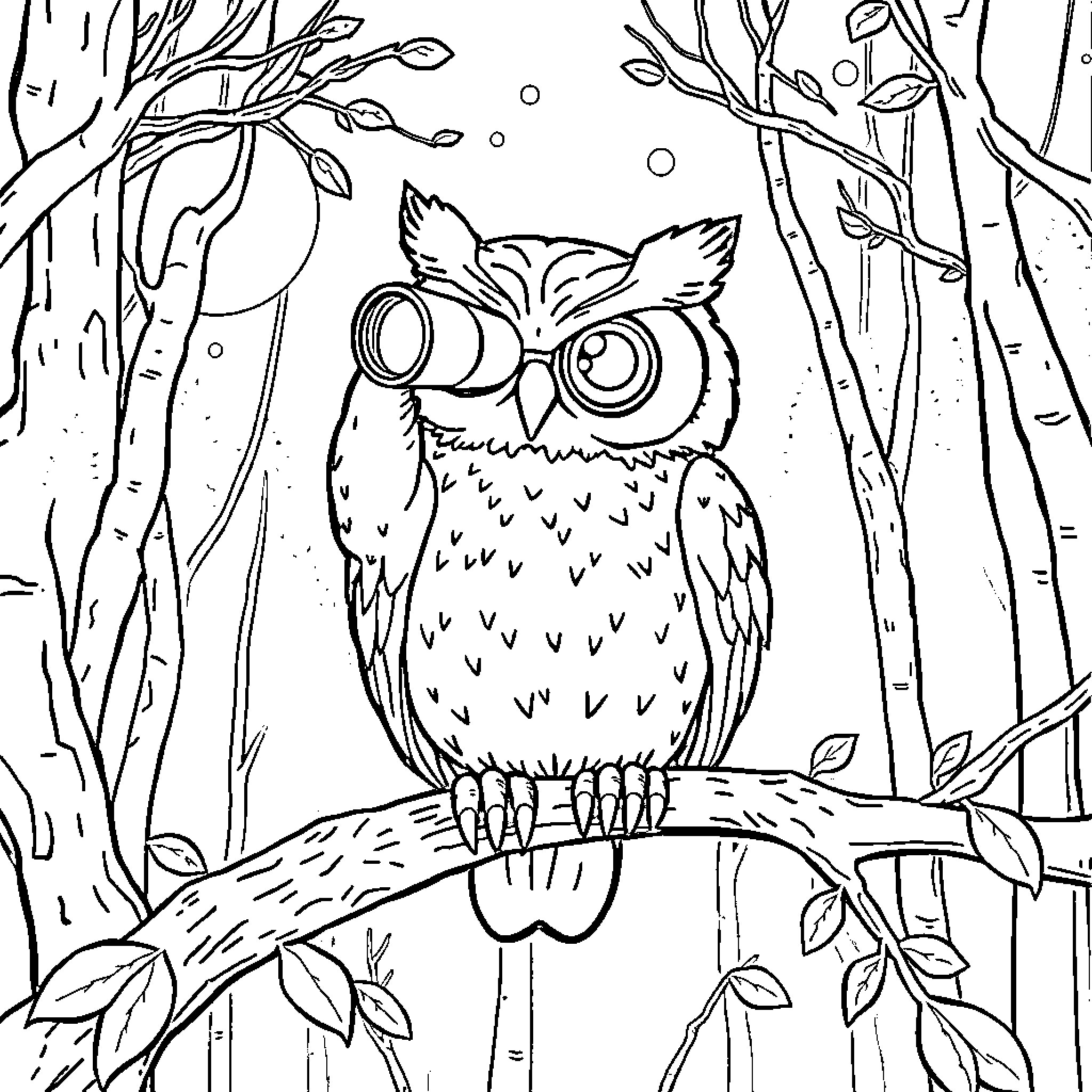 Owl perched in the serene forest Coloring Page (free black-and-white line drawing printable PDF for all, from beginners to advanced learners, including children, teens, adults, and seniors)