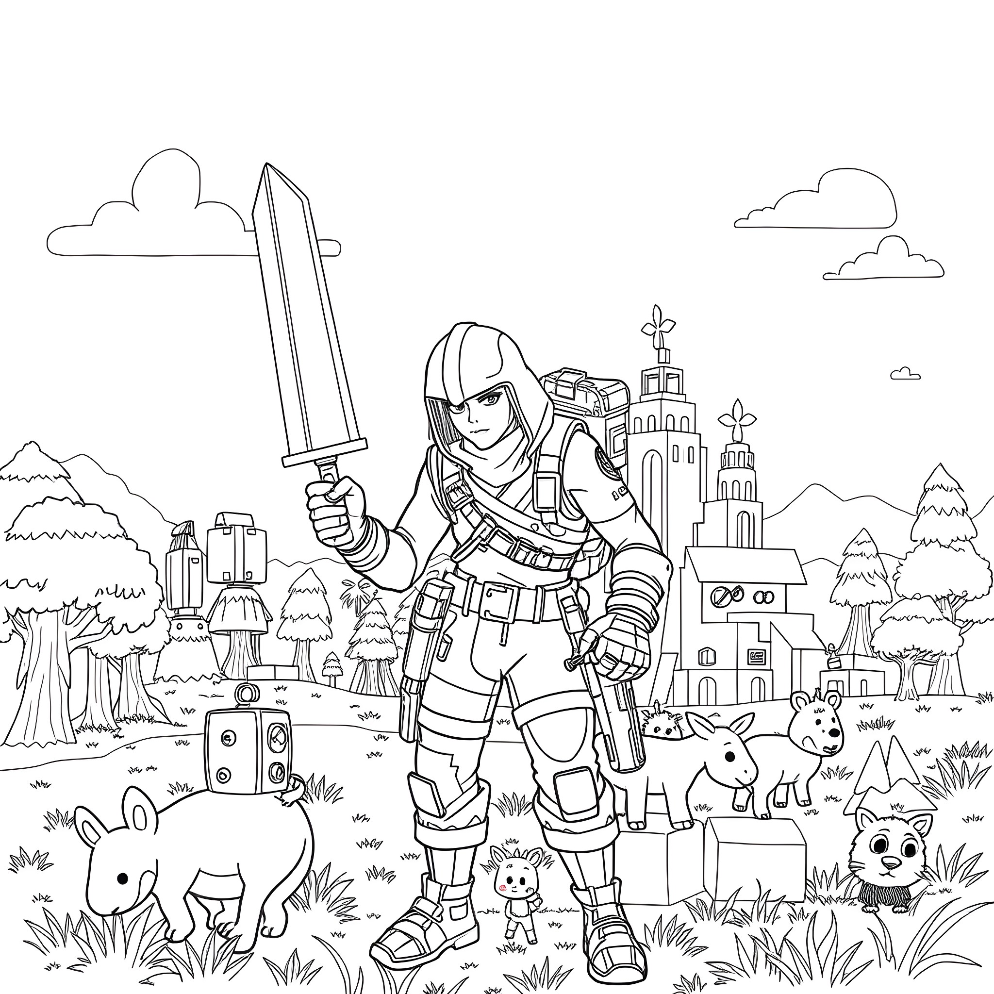 Fortnite Character Exploring the Wilderness Coloring Page (free black-and-white line drawing printable PDF for all, from beginners to advanced learners, including children, teens, adults, and seniors)
