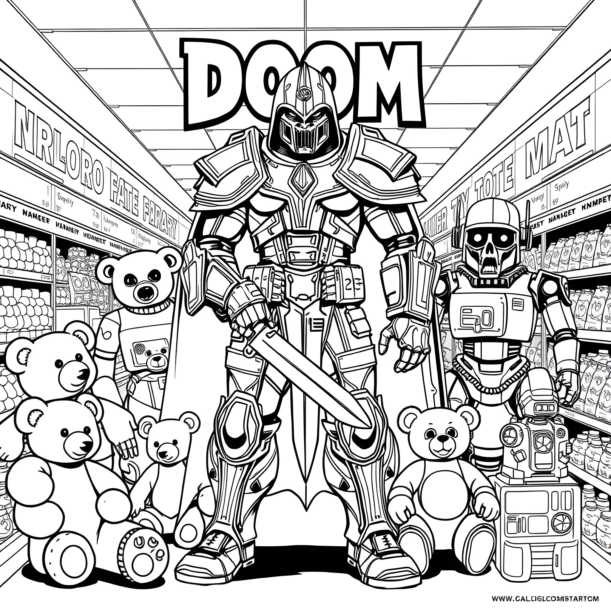 Doom Slayer battles with enemies in a store Coloring Page (free black-and-white line drawing printable PDF for all, from beginners to advanced learners, including children, teens, adults, and seniors)