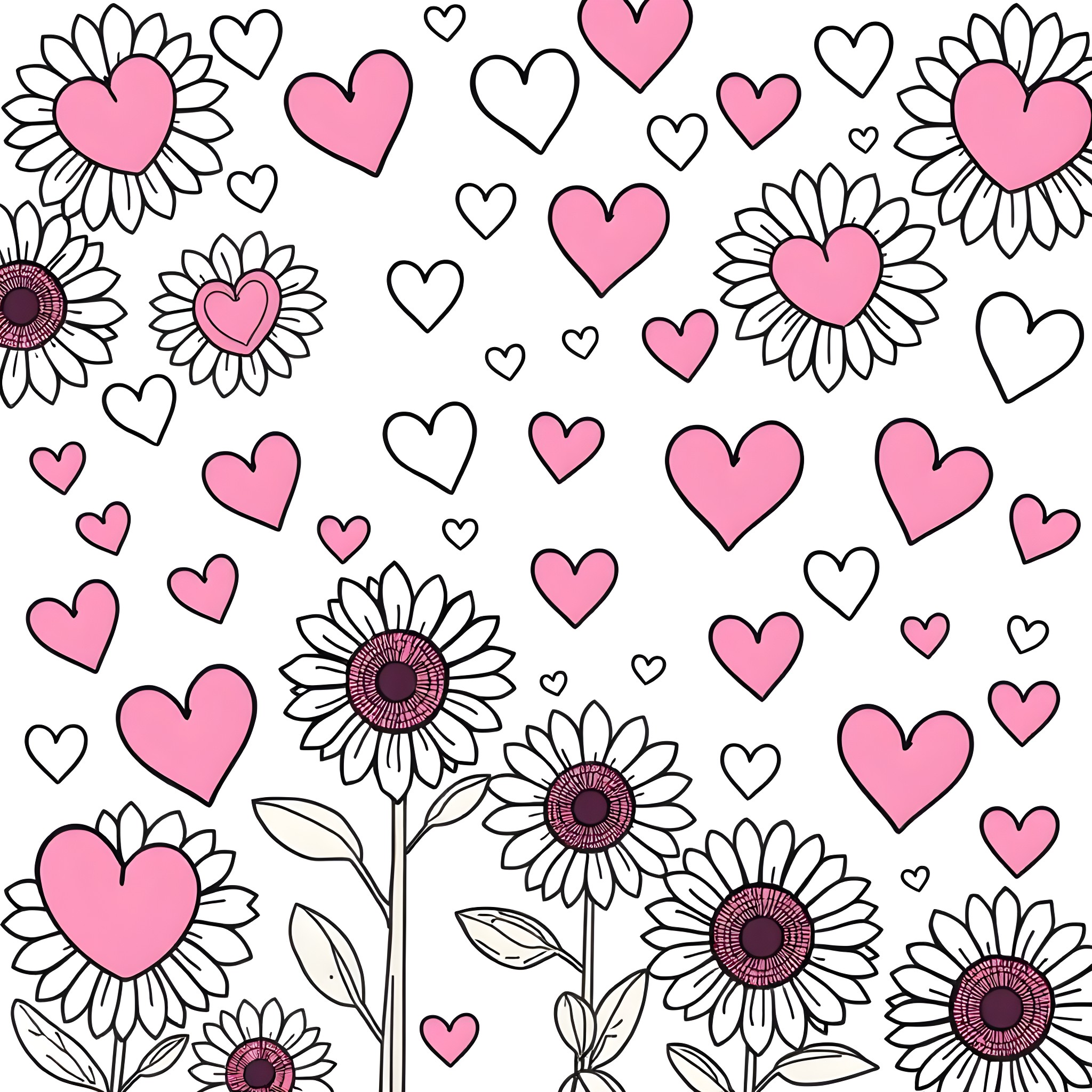 Heart-shaped Flowers and Blooms in Romantic Scene Coloring Page (free black-and-white line drawing printable PDF for all, from beginners to advanced learners, including children, teens, adults, and seniors)