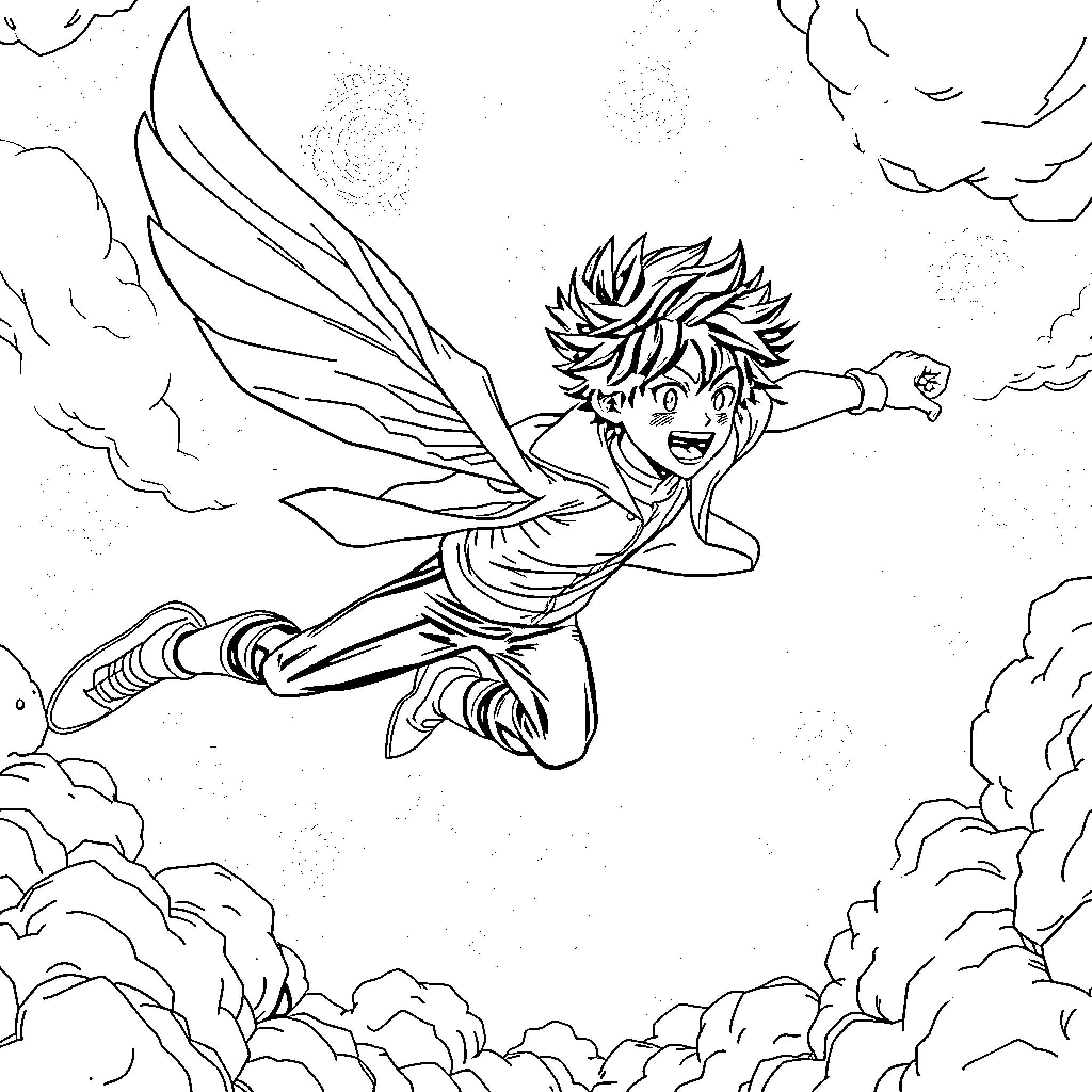 Izuku Midoriya soaring through the clouds with winged heroic action Coloring Page (free black-and-white line drawing printable PDF for all, from beginners to advanced learners, including children, teens, adults, and seniors)
