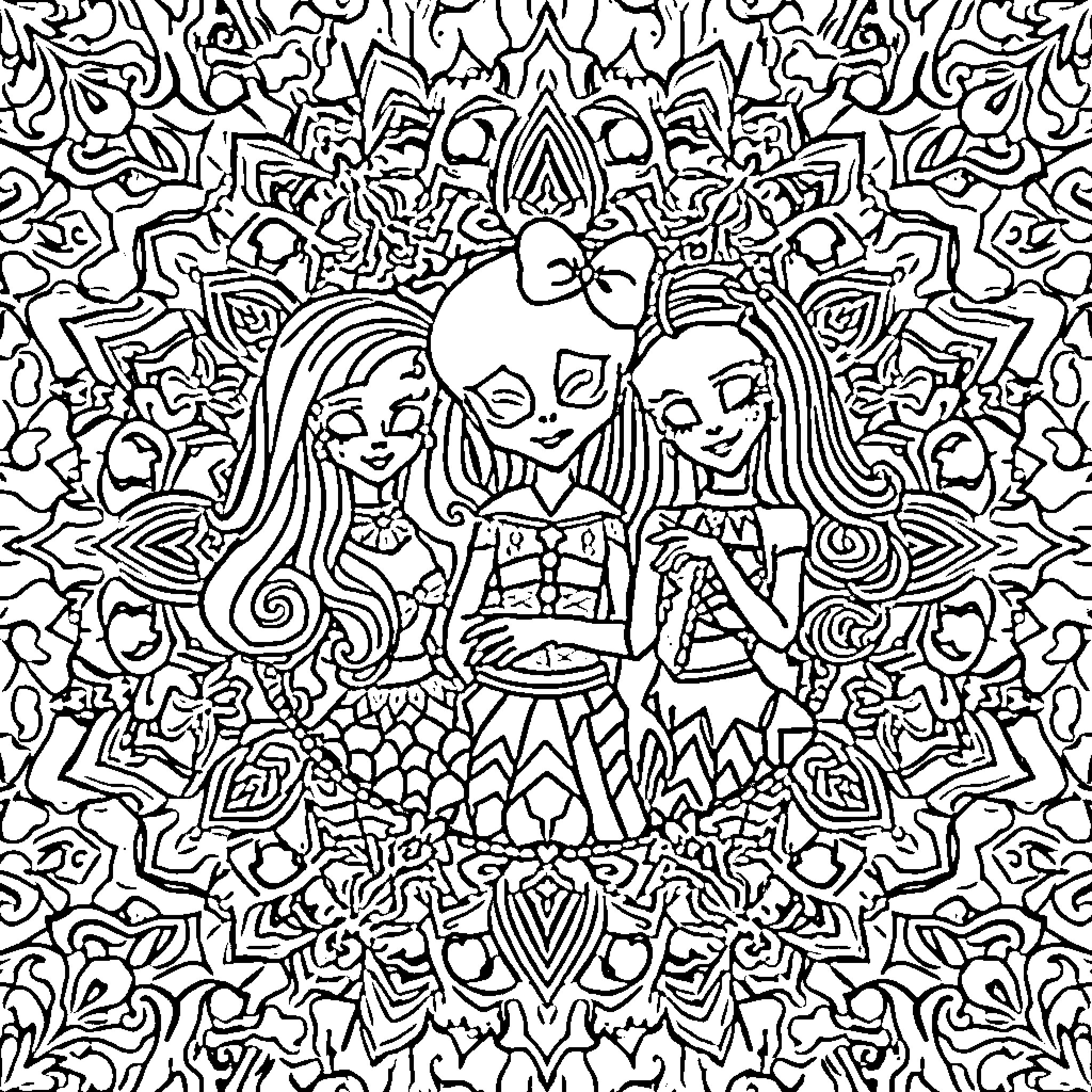 Mandala with Playful Fantasy Figures Coloring Page (free black-and-white line drawing printable PDF for all, from beginners to advanced learners, including children, teens, adults, and seniors)