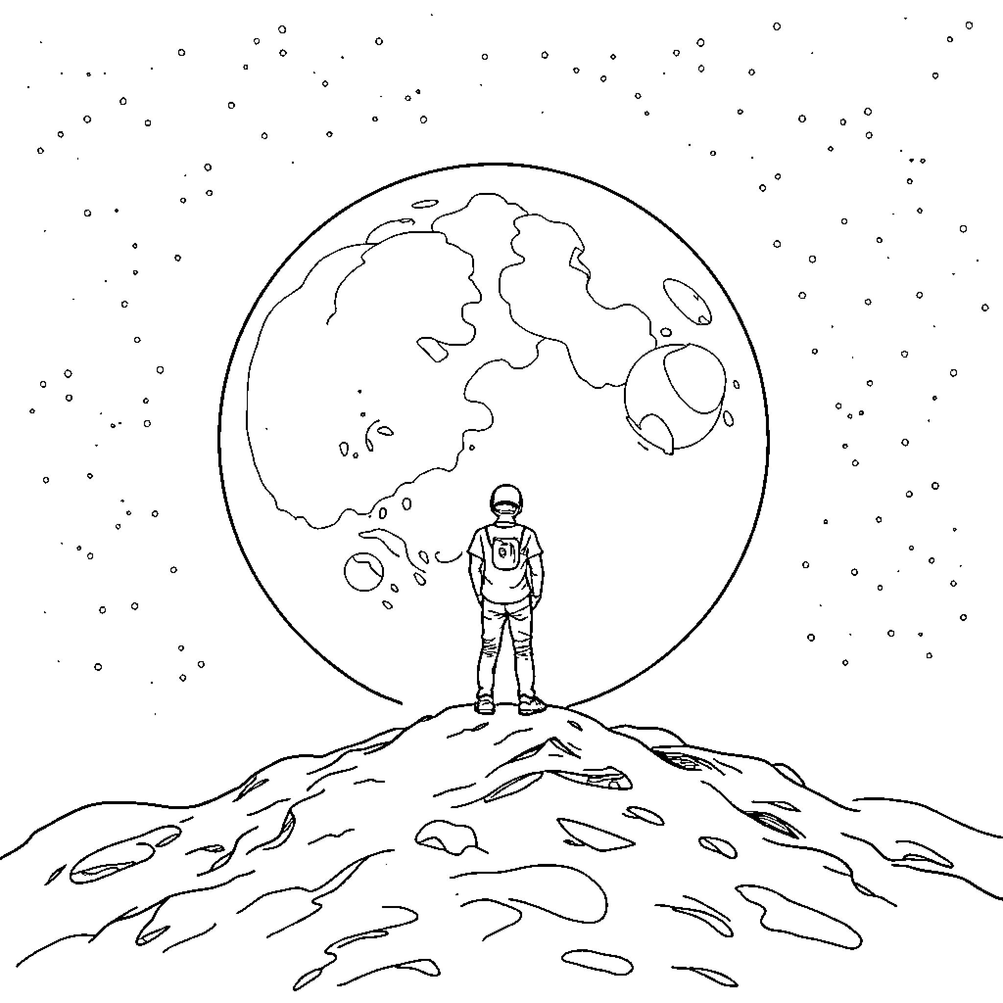 Man exploring the moon's surface in space Coloring Page (free black-and-white line drawing printable PDF for all, from beginners to advanced learners, including children, teens, adults, and seniors)