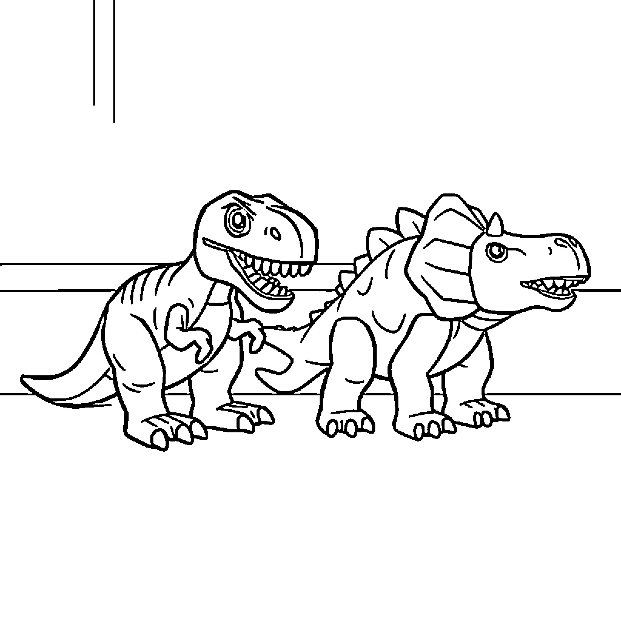 Dinosaurs playing together in a simple scene Coloring Page (free black-and-white line drawing printable PDF for all, from beginners to advanced learners, including children, teens, adults, and seniors)
