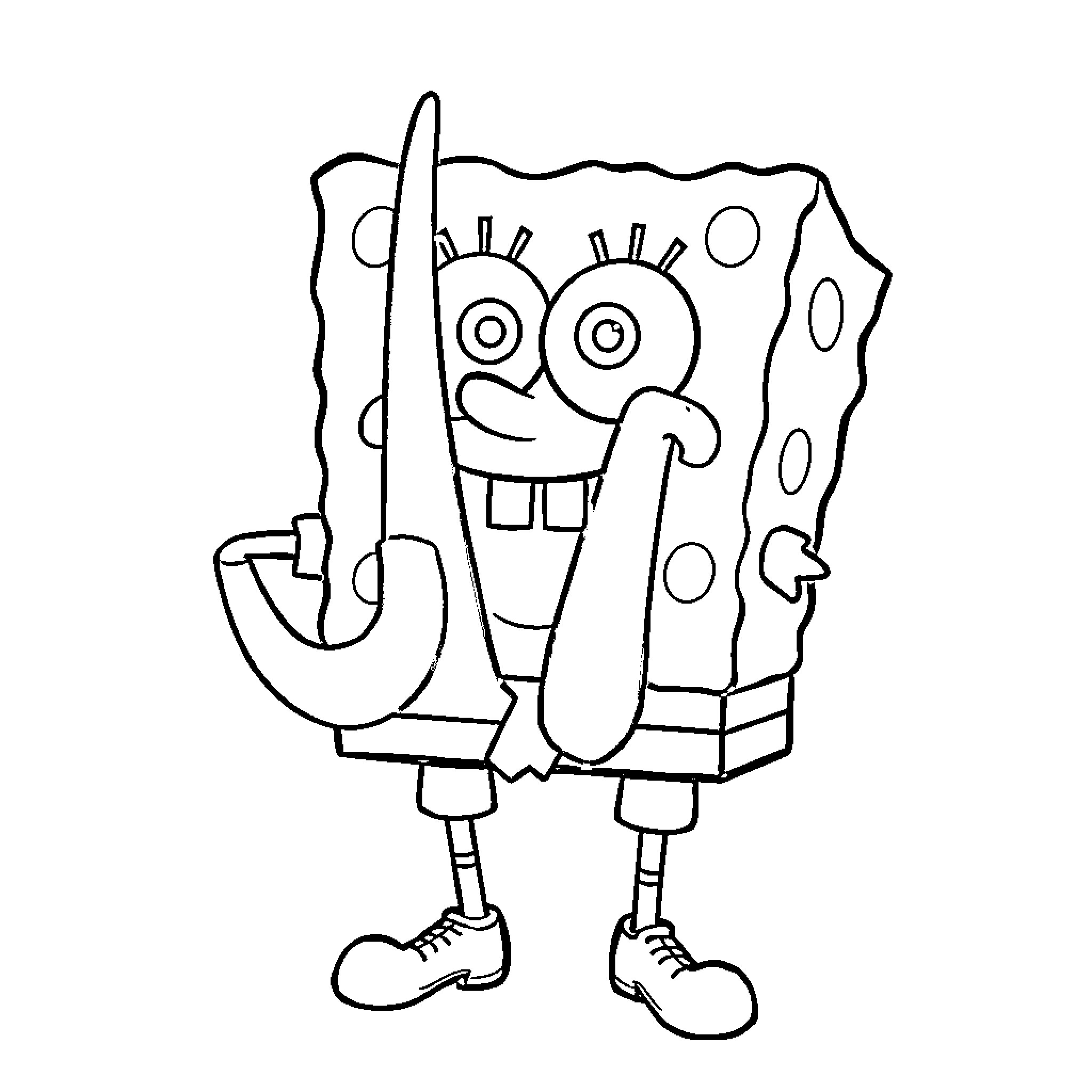 Spongebob riding a pogo stick happily Coloring Page (free black-and-white line drawing printable PDF for all, from beginners to advanced learners, including children, teens, adults, and seniors)