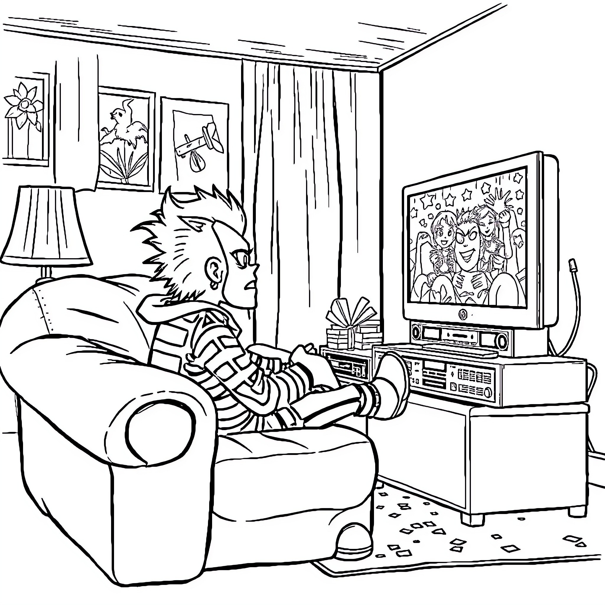 Sid Vicious lounging in an eccentric home setting Coloring Page (free black-and-white line drawing printable PDF for all, from beginners to advanced learners, including children, teens, adults, and seniors)