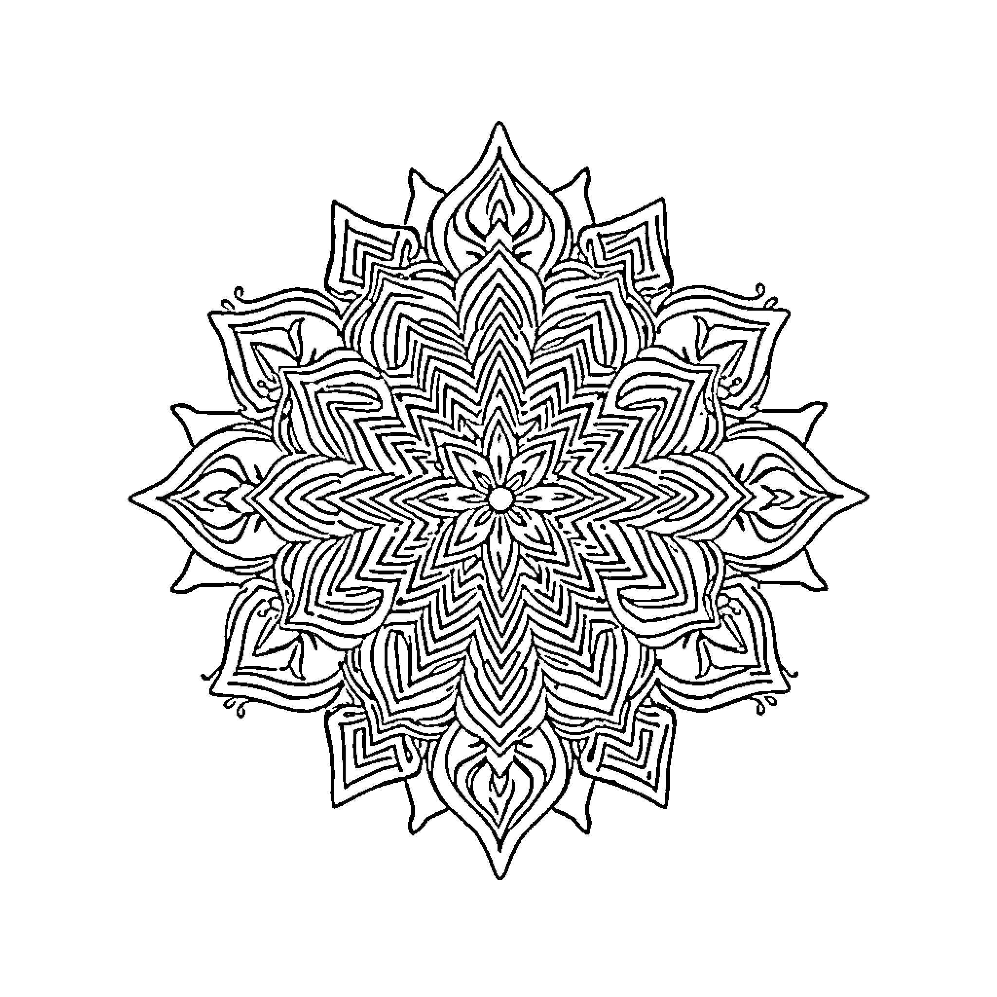 Mandala of intricate floral patterns Coloring Page (free black-and-white line drawing printable PDF for all, from beginners to advanced learners, including children, teens, adults, and seniors)