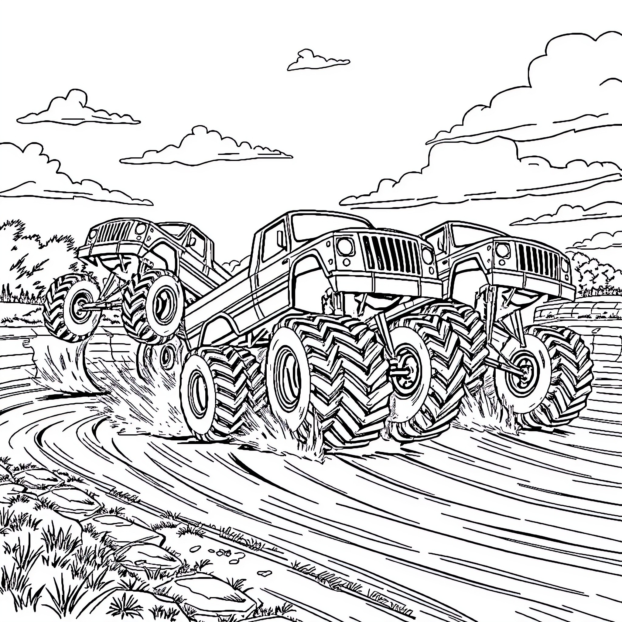 Monster Trucks Traversing the Rugged Terrain Coloring Page (free black-and-white line drawing printable PDF for all, from beginners to advanced learners, including children, teens, adults, and seniors)