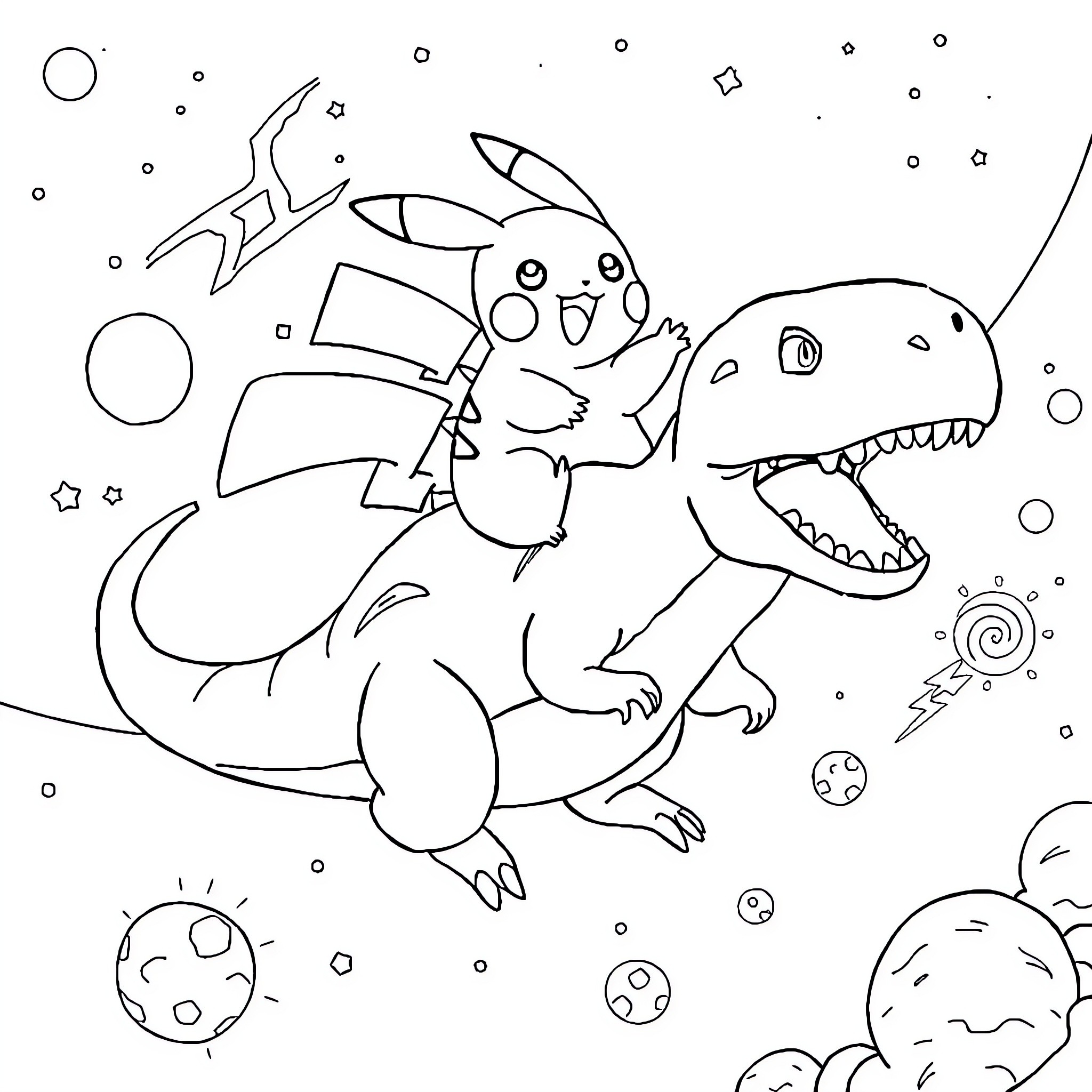Pikachu riding a dinosaur through the galaxy Coloring Page (free black-and-white line drawing printable PDF for all, from beginners to advanced learners, including children, teens, adults, and seniors)