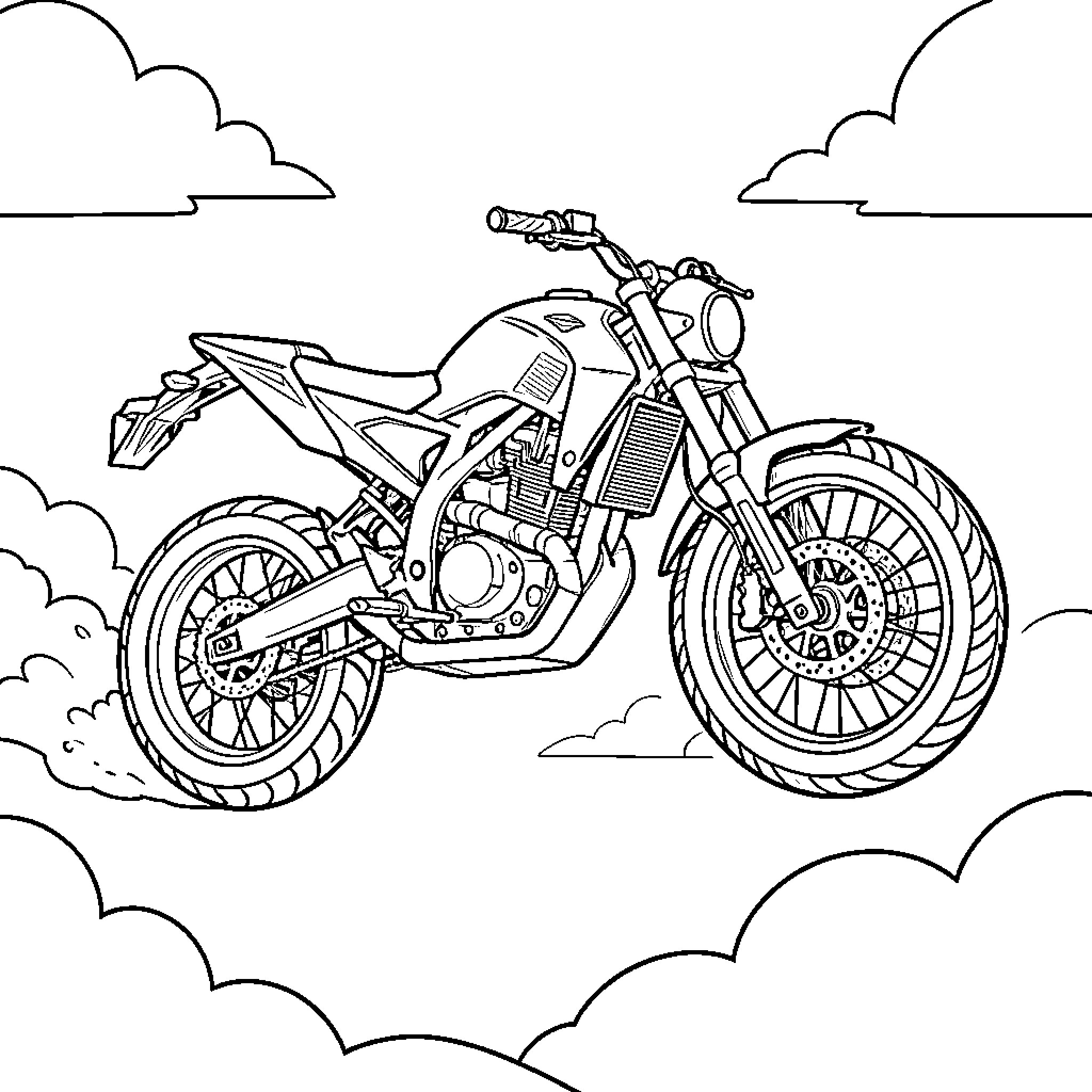 Flying Bike Soaring Through the Clouds Coloring Page (free black-and-white line drawing printable PDF for all, from beginners to advanced learners, including children, teens, adults, and seniors)
