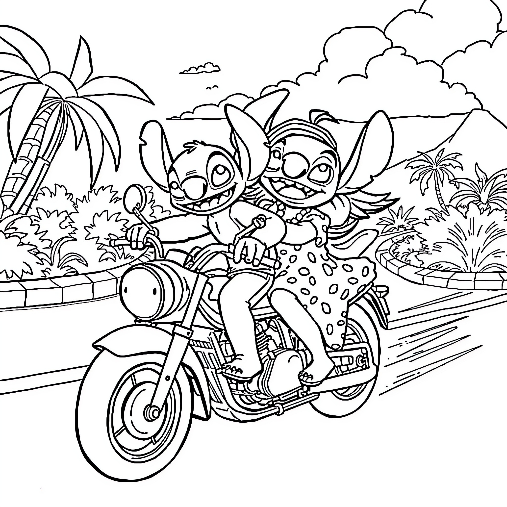 Lilo And Stitch Ride a Scooter in Tropical Paradise Coloring Page (free black-and-white line drawing printable PDF for all, from beginners to advanced learners, including children, teens, adults, and seniors)