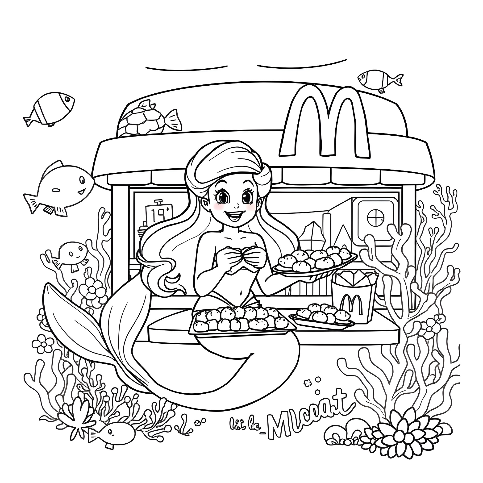 Mermaid working at the underwater fast-food restaurant Coloring Page (free black-and-white line drawing printable PDF for all, from beginners to advanced learners, including children, teens, adults, and seniors)